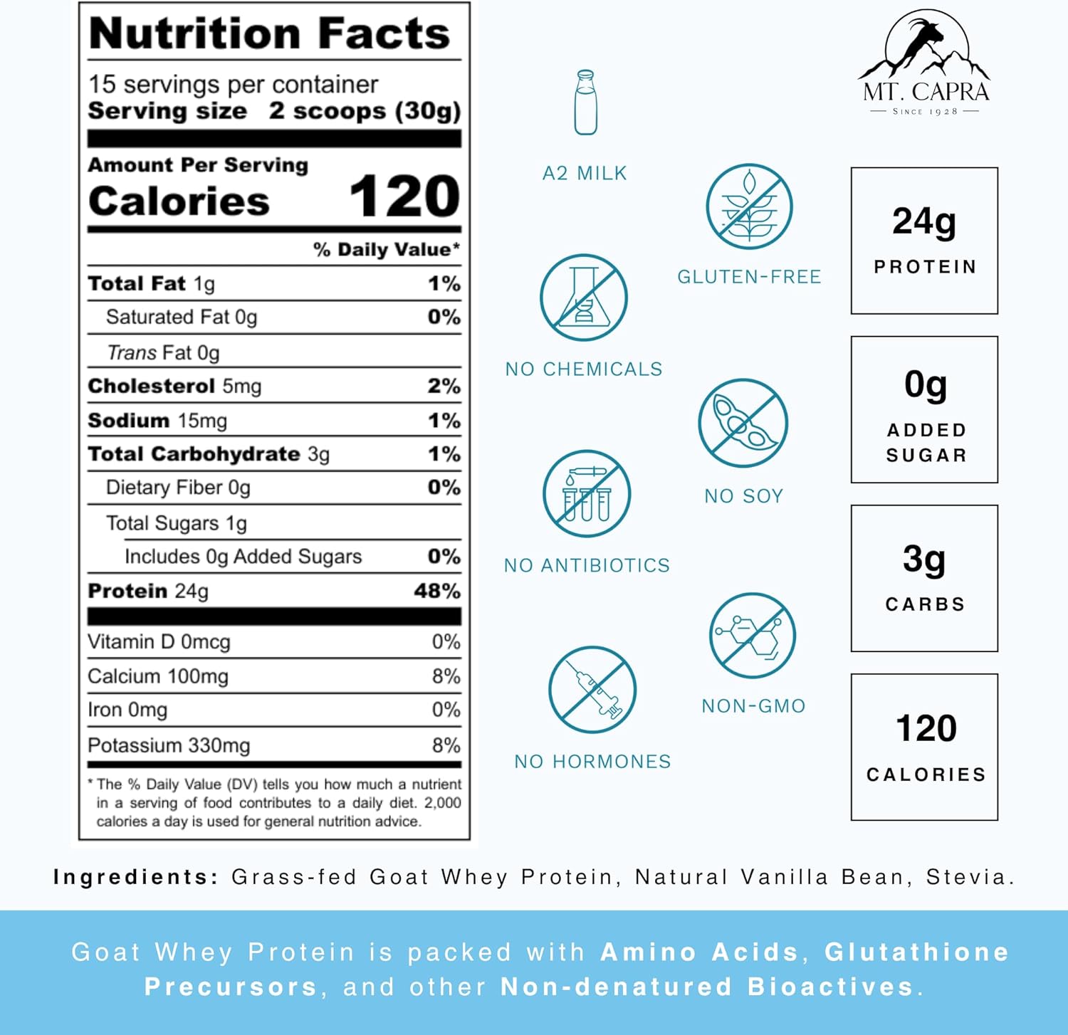 Organic Vanilla Bean Goat Whey Protein Powder | Grass-Fed, Non-GMO, High Protein | 24g Per Serving | All Natural, Rich in Amino Acids | 15 Servings - 16 oz