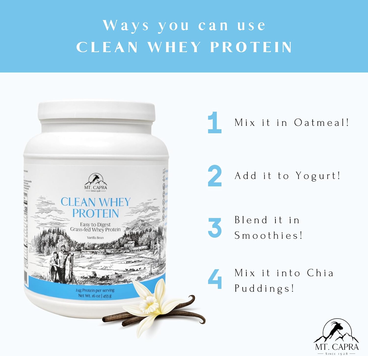 Organic Vanilla Bean Goat Whey Protein Powder | Grass-Fed, Non-GMO, High Protein | 24g Per Serving | All Natural, Rich in Amino Acids | 15 Servings - 16 oz