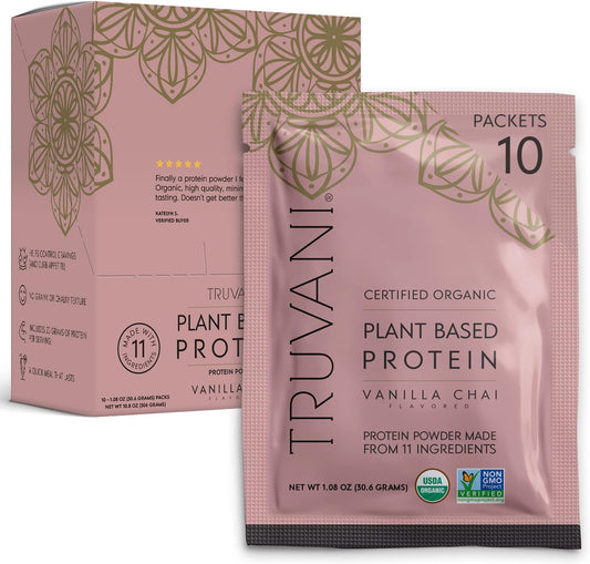 Organic Vanilla Chai Vegan Pea Protein Powder - 20g Plant Based Protein, Keto, Gluten & Dairy Free, Low Carb - 10 Travel Packets, No Added Sugar