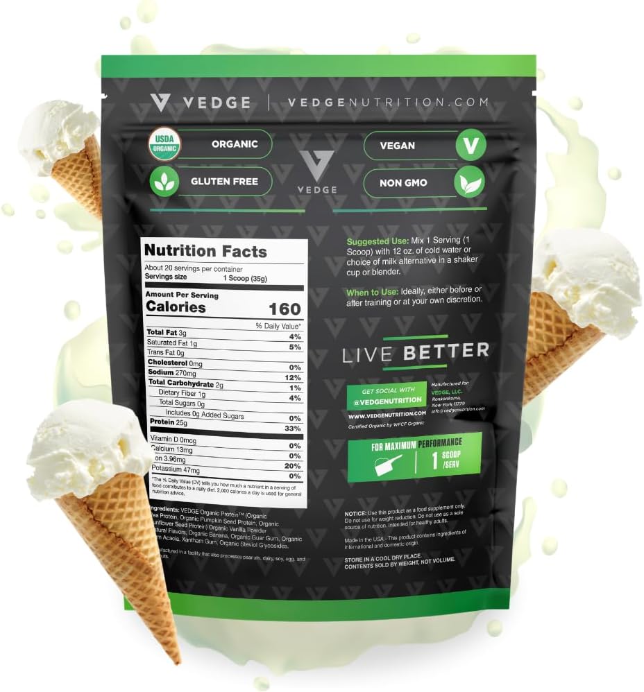 Organic Vanilla Ice Cream Plant Protein Powder - Vegan, Gluten Free, Non Dairy - USDA Certified Organic (20 Servings)