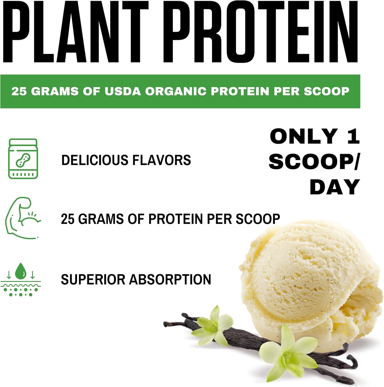 Organic Vanilla Ice Cream Plant Protein Powder - Vegan, Gluten Free, Non Dairy - USDA Certified Organic (20 Servings)