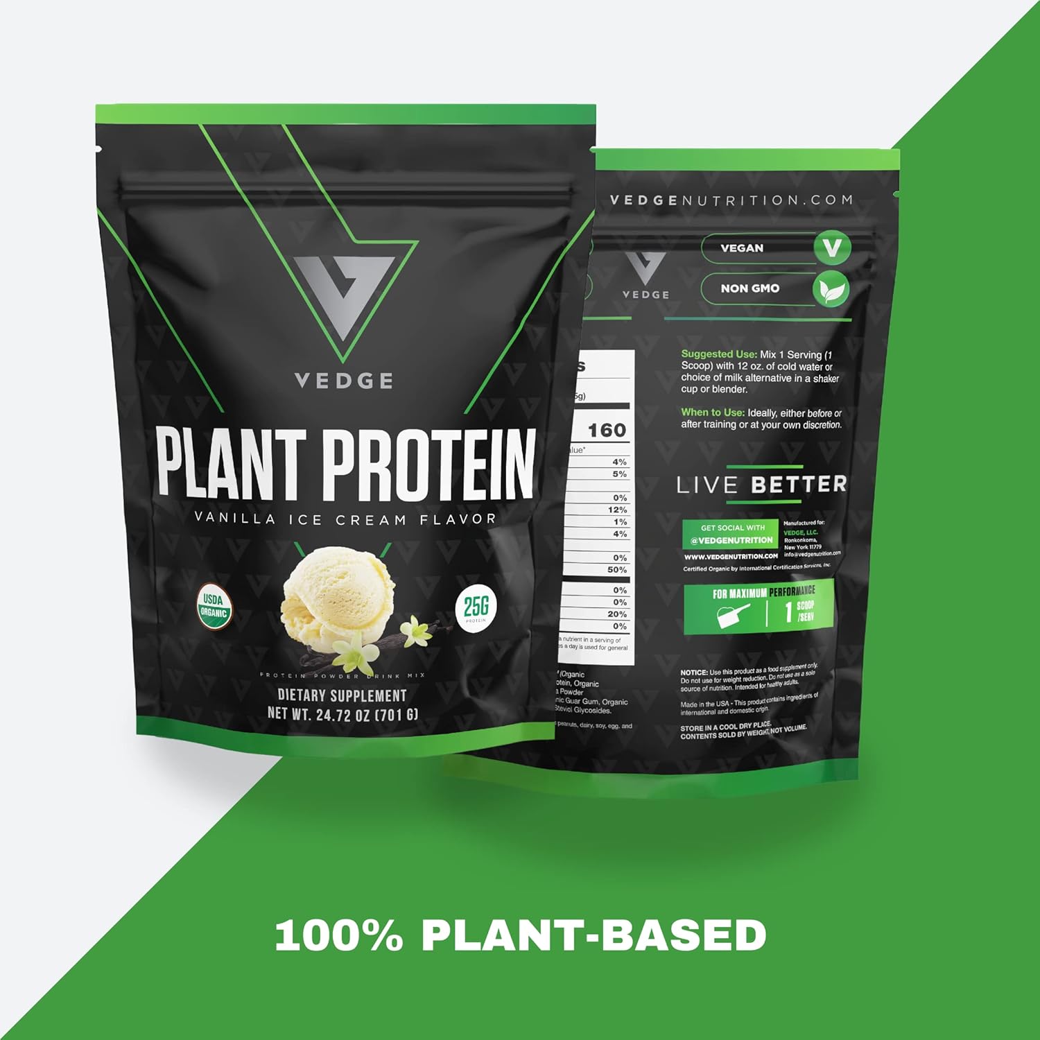Organic Vanilla Ice Cream Plant Protein Powder - Vegan, Gluten Free, Non Dairy - USDA Certified Organic (20 Servings)