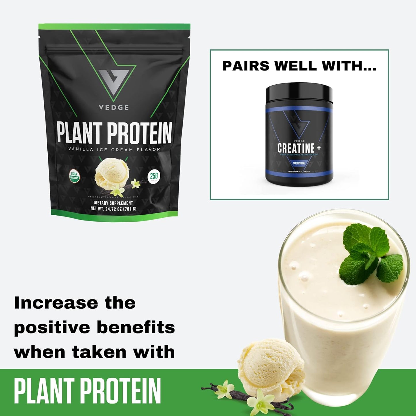 Organic Vanilla Ice Cream Plant Protein Powder - Vegan, Gluten Free, Non Dairy - USDA Certified Organic (20 Servings)