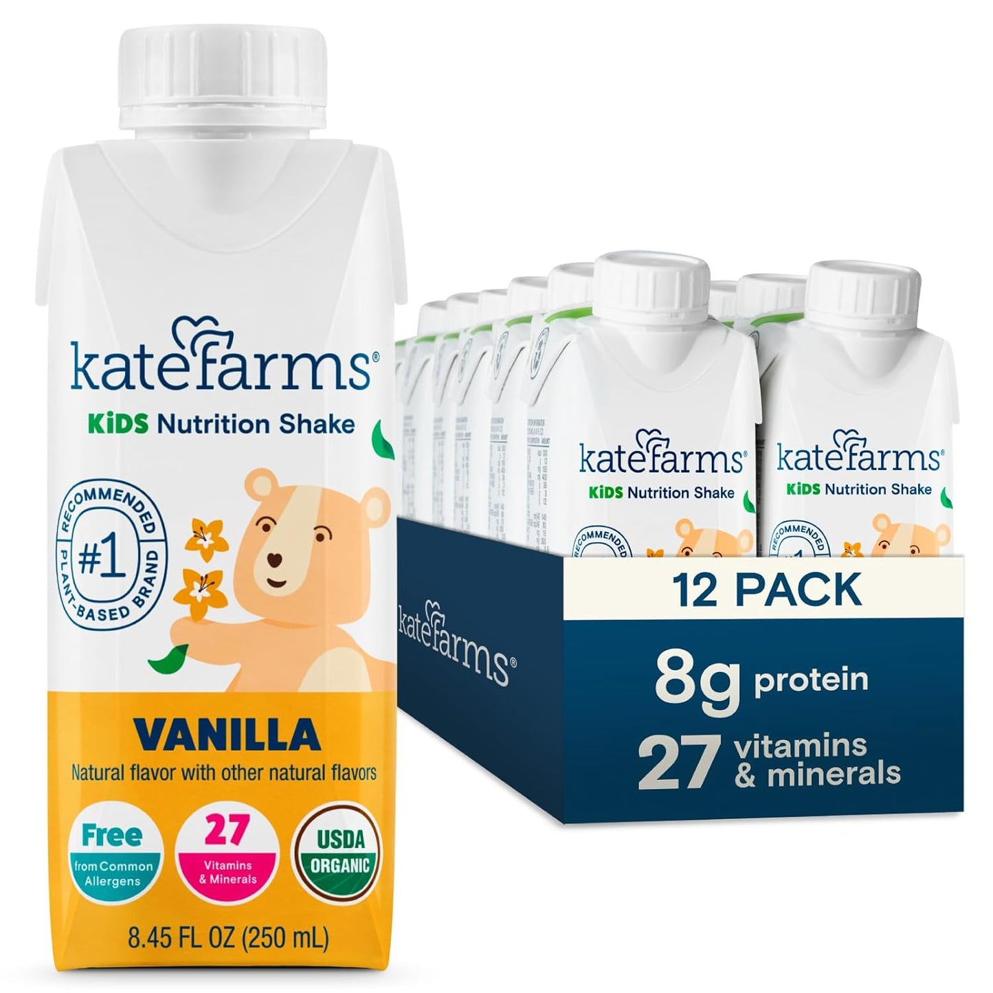 Organic Vanilla Kids Nutrition Shake with 8g Protein and 27 Vitamins, Meal Replacement, Gluten Free, Non-GMO (12 Pack, 8.45 oz)