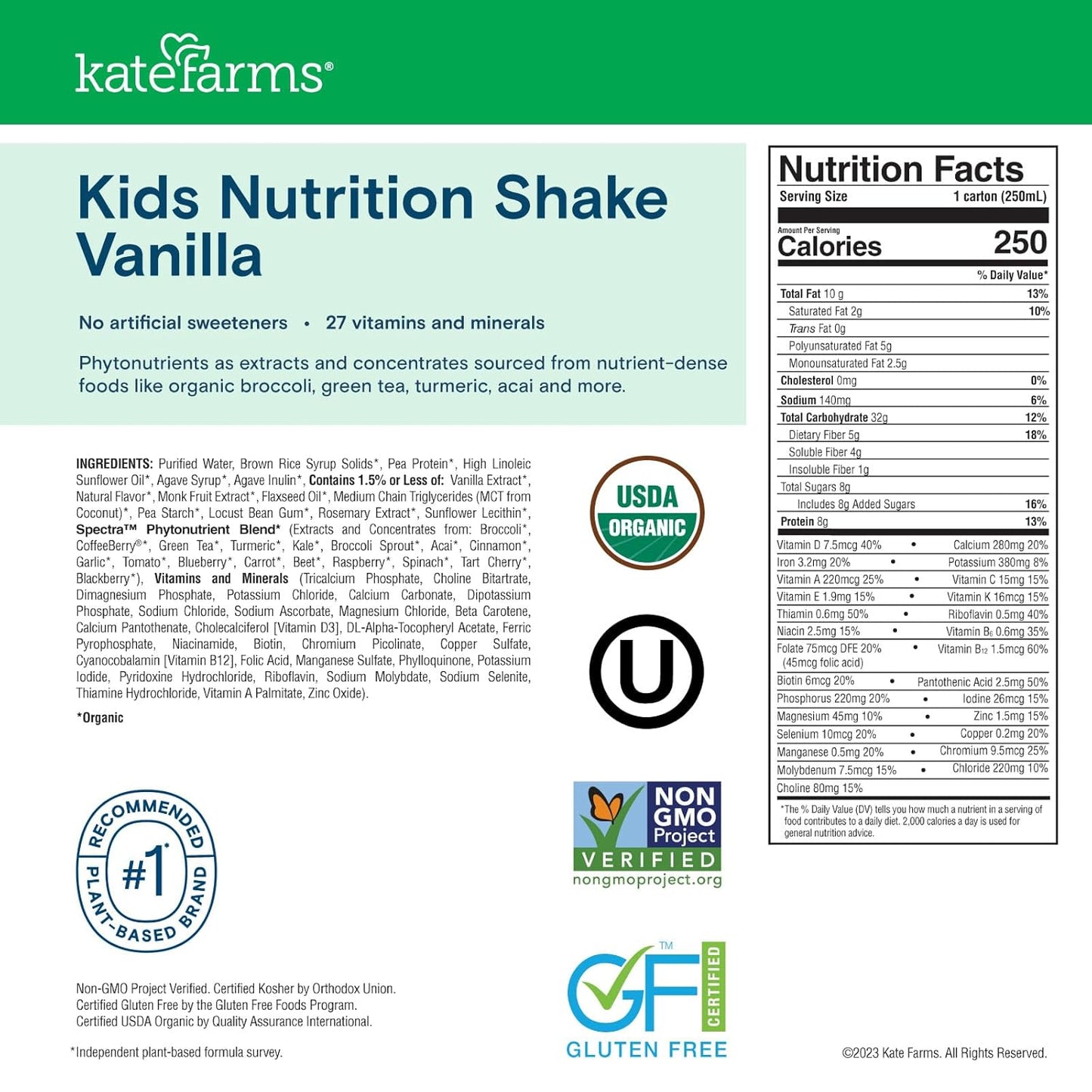 Organic Vanilla Kids Nutrition Shake with 8g Protein and 27 Vitamins, Meal Replacement, Gluten Free, Non-GMO (12 Pack, 8.45 oz)