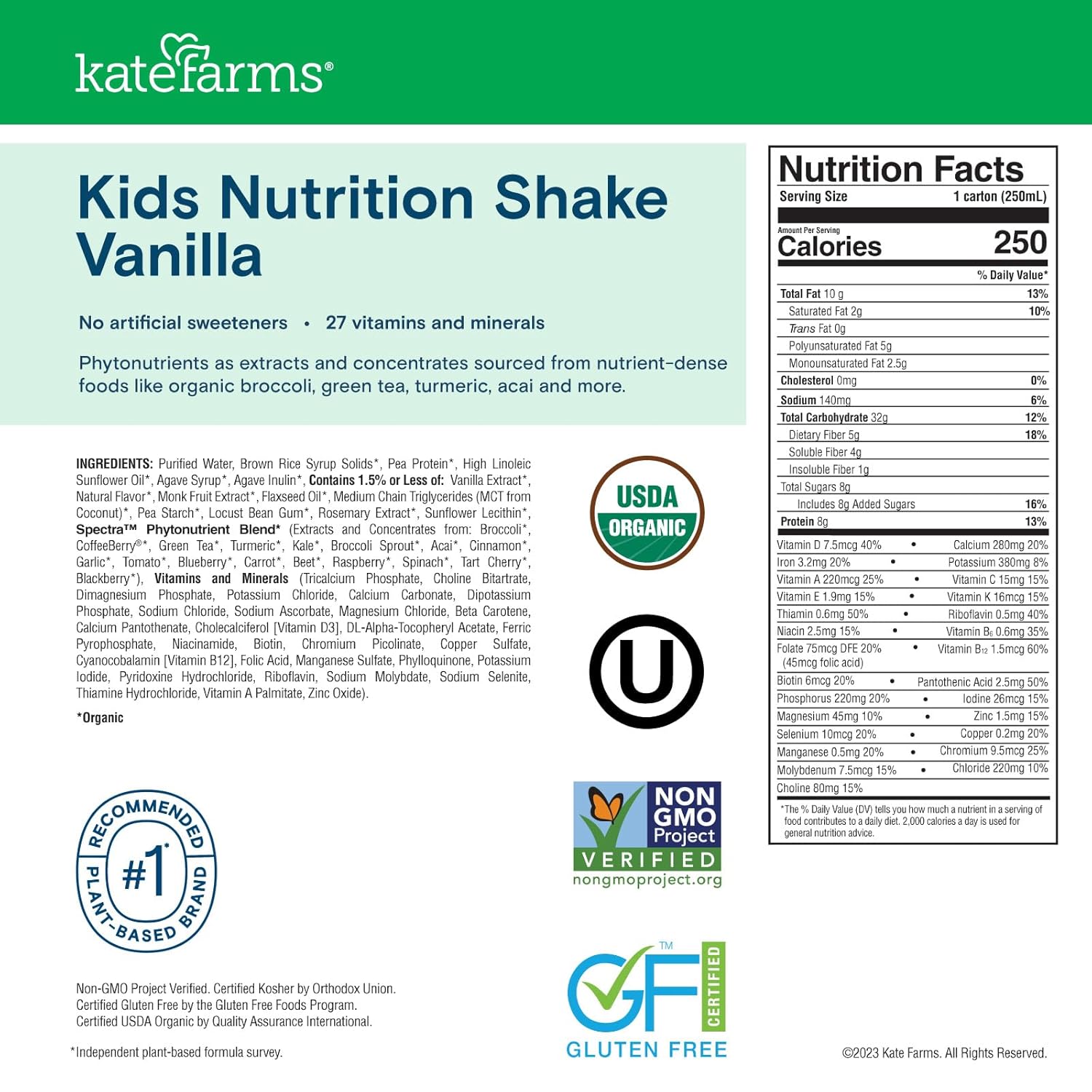 Organic Vanilla Kids Nutrition Shake with 8g Protein and 27 Vitamins, Meal Replacement, Gluten Free, Non-GMO (12 Pack, 8.45 oz)