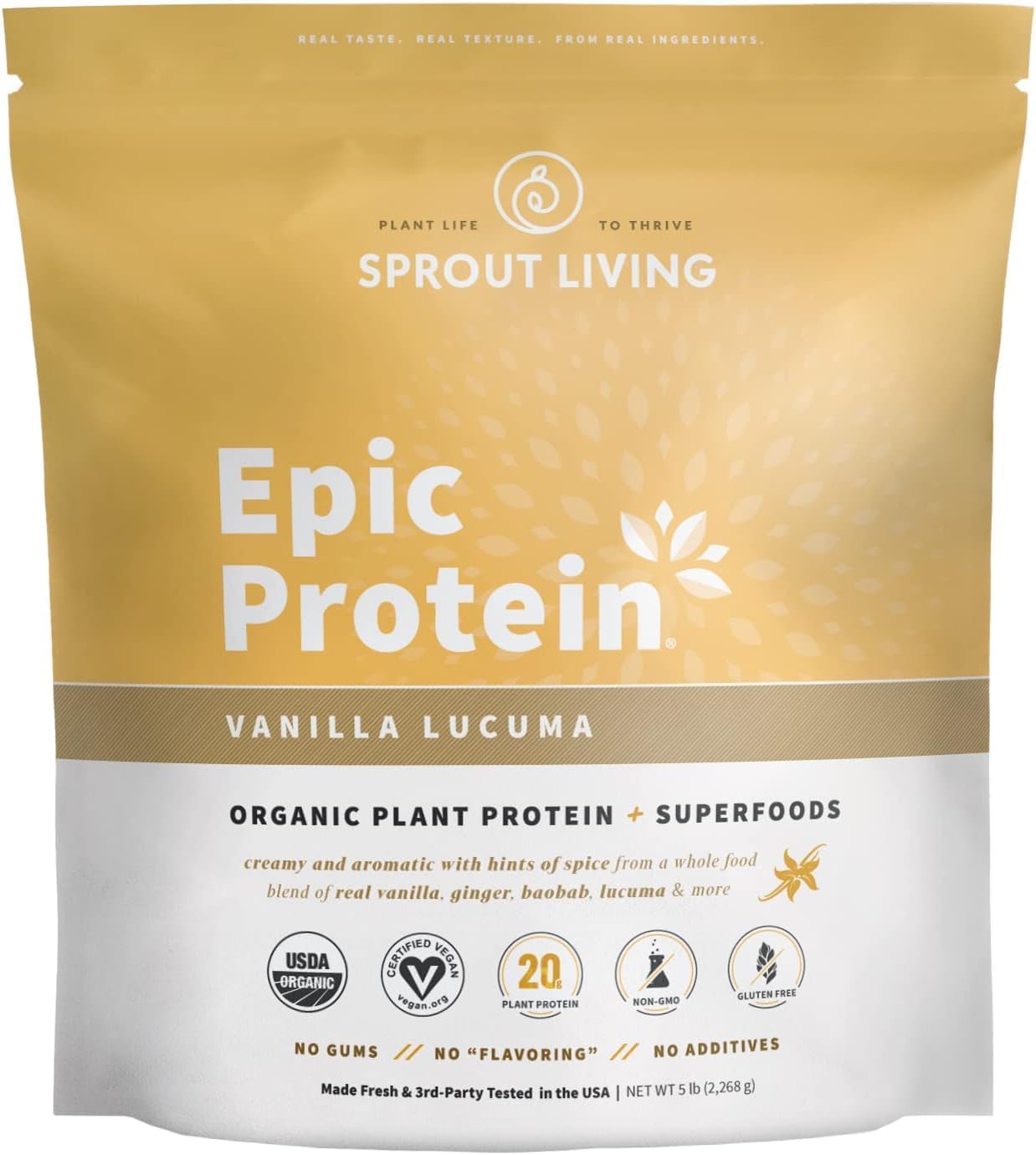 Organic Vanilla Lucuma Plant-Based Protein Powder with Superfoods - 20g Protein, Vegan, Non-GMO, Gluten Free - 5lb, 60 Servings