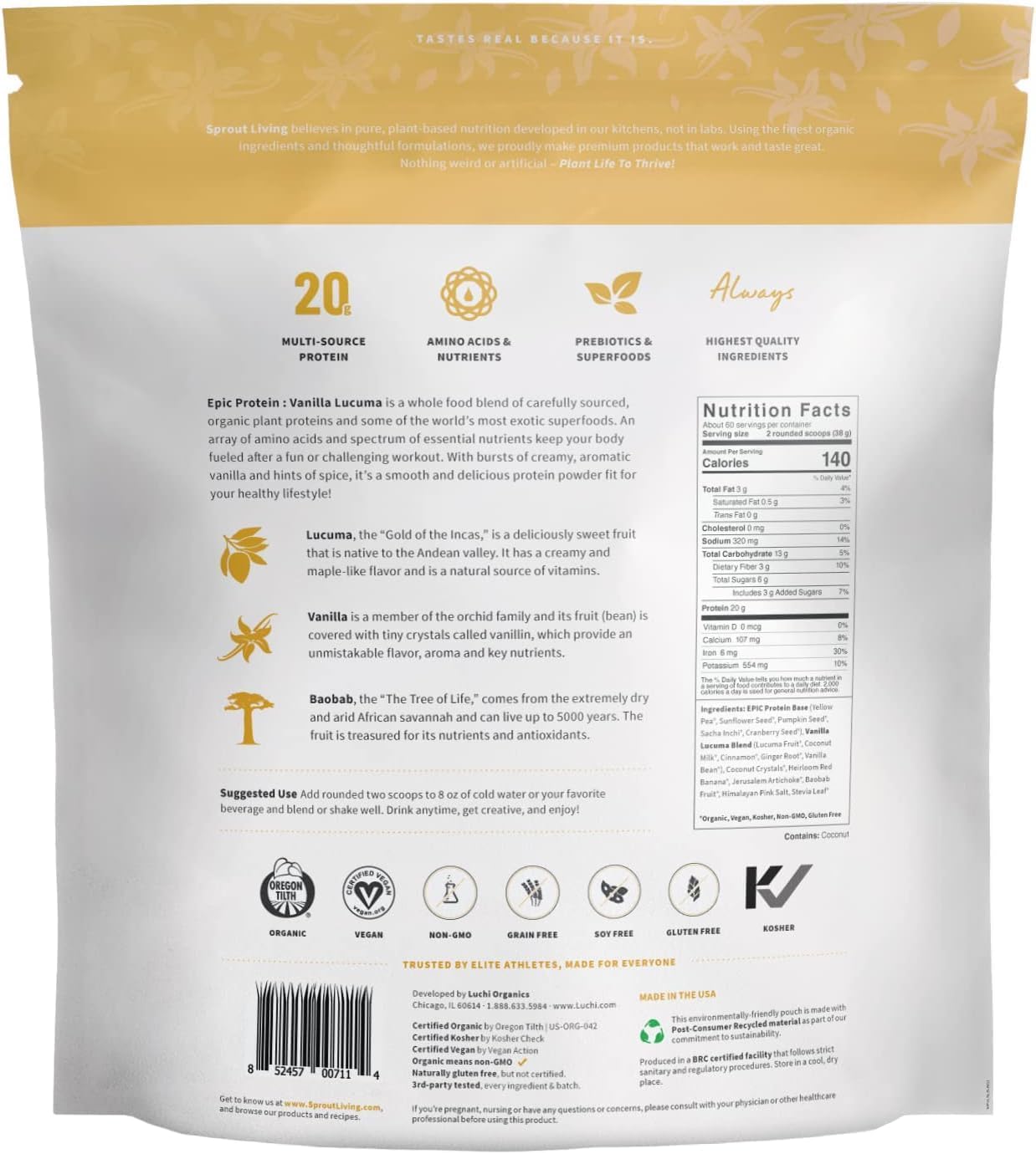 Organic Vanilla Lucuma Plant-Based Protein Powder with Superfoods - 20g Protein, Vegan, Non-GMO, Gluten Free - 5lb, 60 Servings