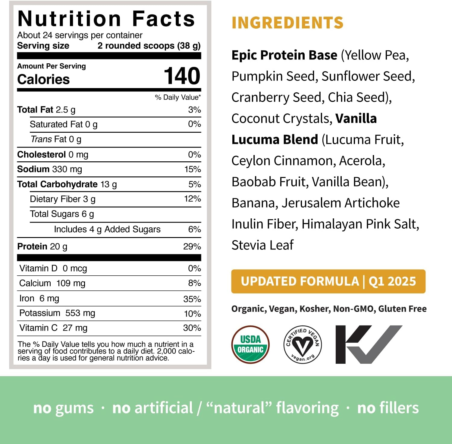 Organic Vanilla Lucuma Plant Based Protein Powder | Sprout Living Epic Protein, Superfoods Blend | 20g Protein, Vegan, Non-GMO, Gluten Free, Low Sugar | 2lb, 24 Servings