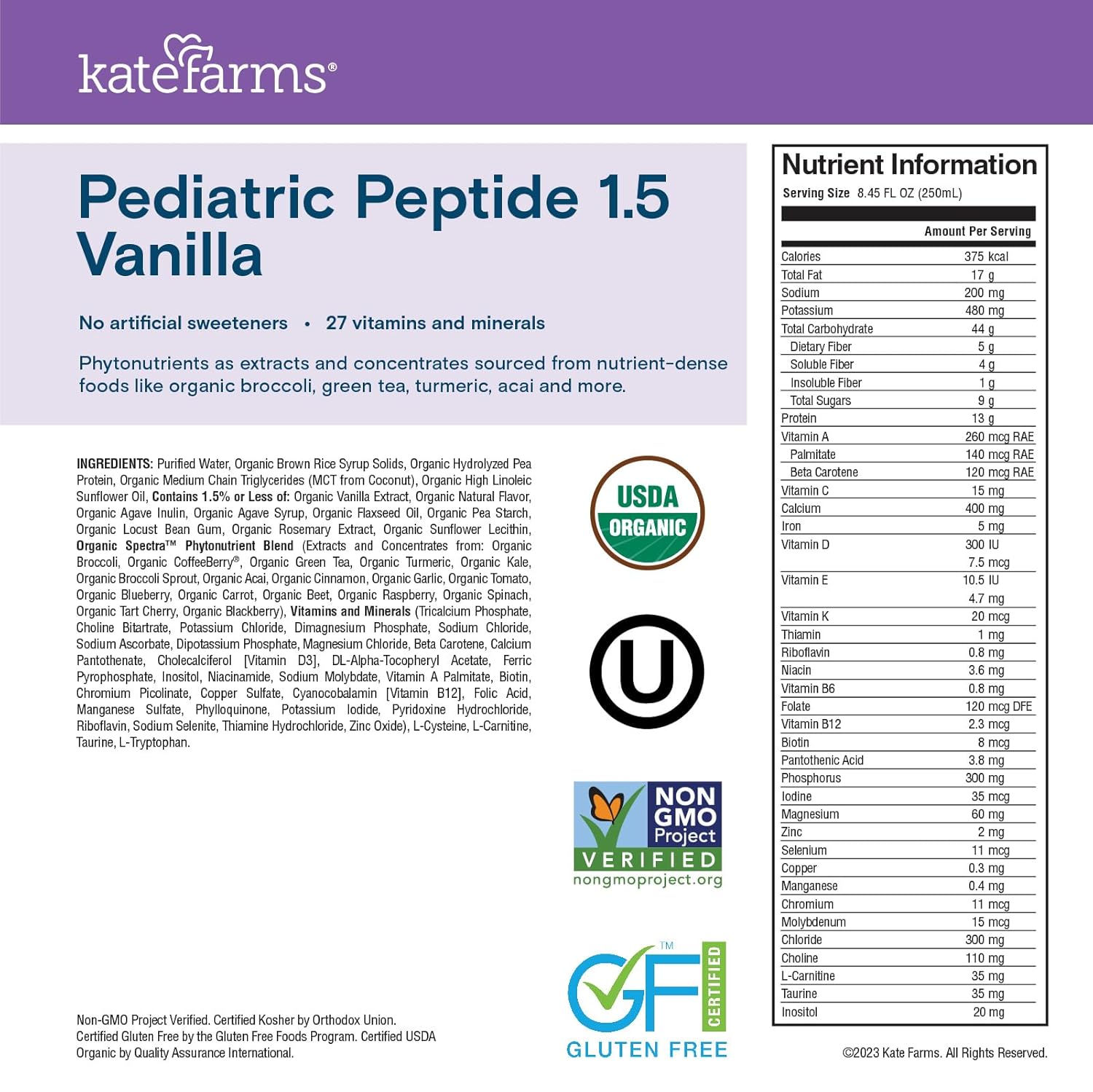 Organic Vanilla Pediatric Peptide Formula by KATE FARMS, Sole-Source Hydrolyzed Plant-Based Nutrition for Oral or Tube Feeding - 8.45 oz (12 pack) - BoostGo Australia
