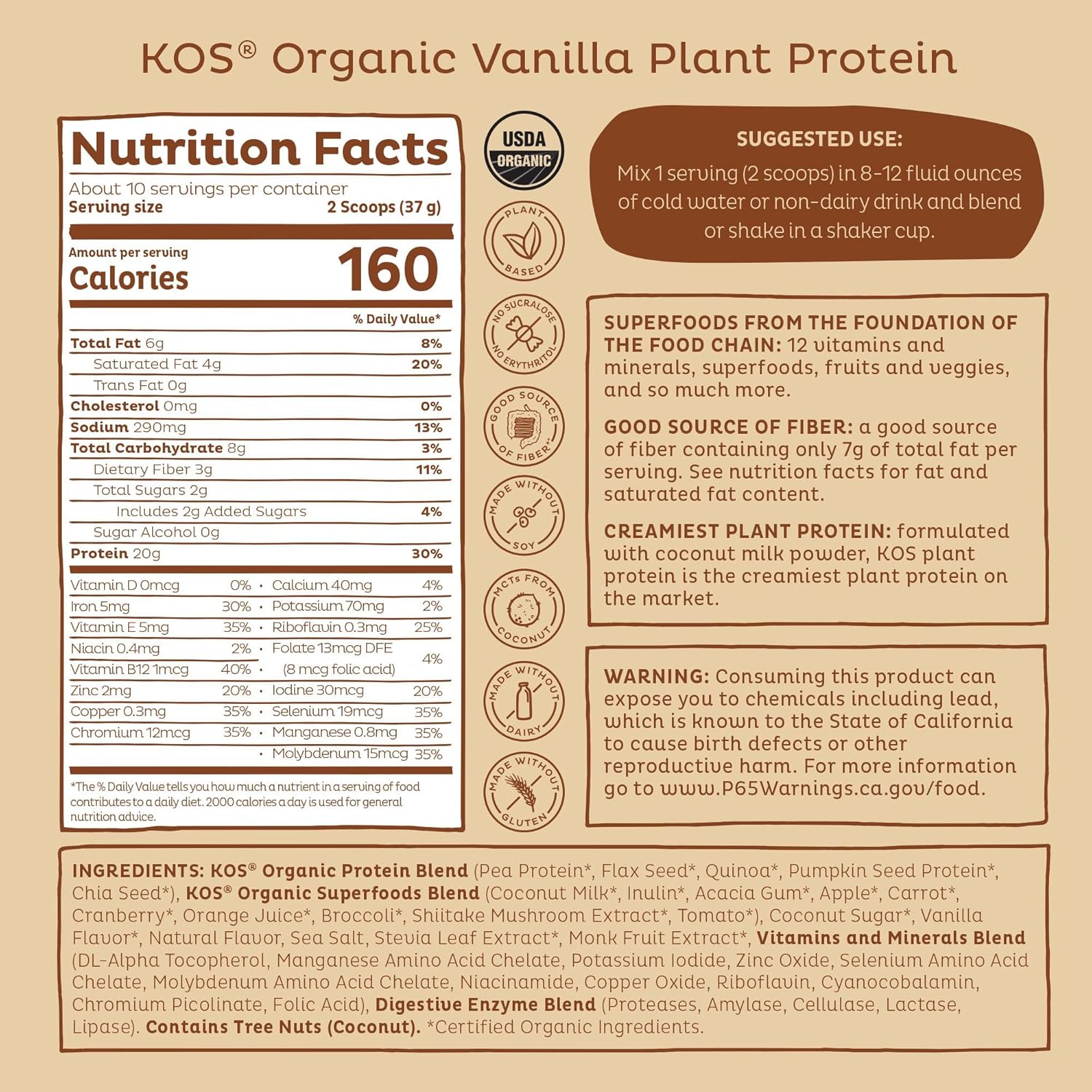 Organic Vanilla Plant Based Protein Powder - Low Carb Vegan Superfood with Vitamins & Minerals - Keto Friendly, Dairy & Soy Free - 10 Servings