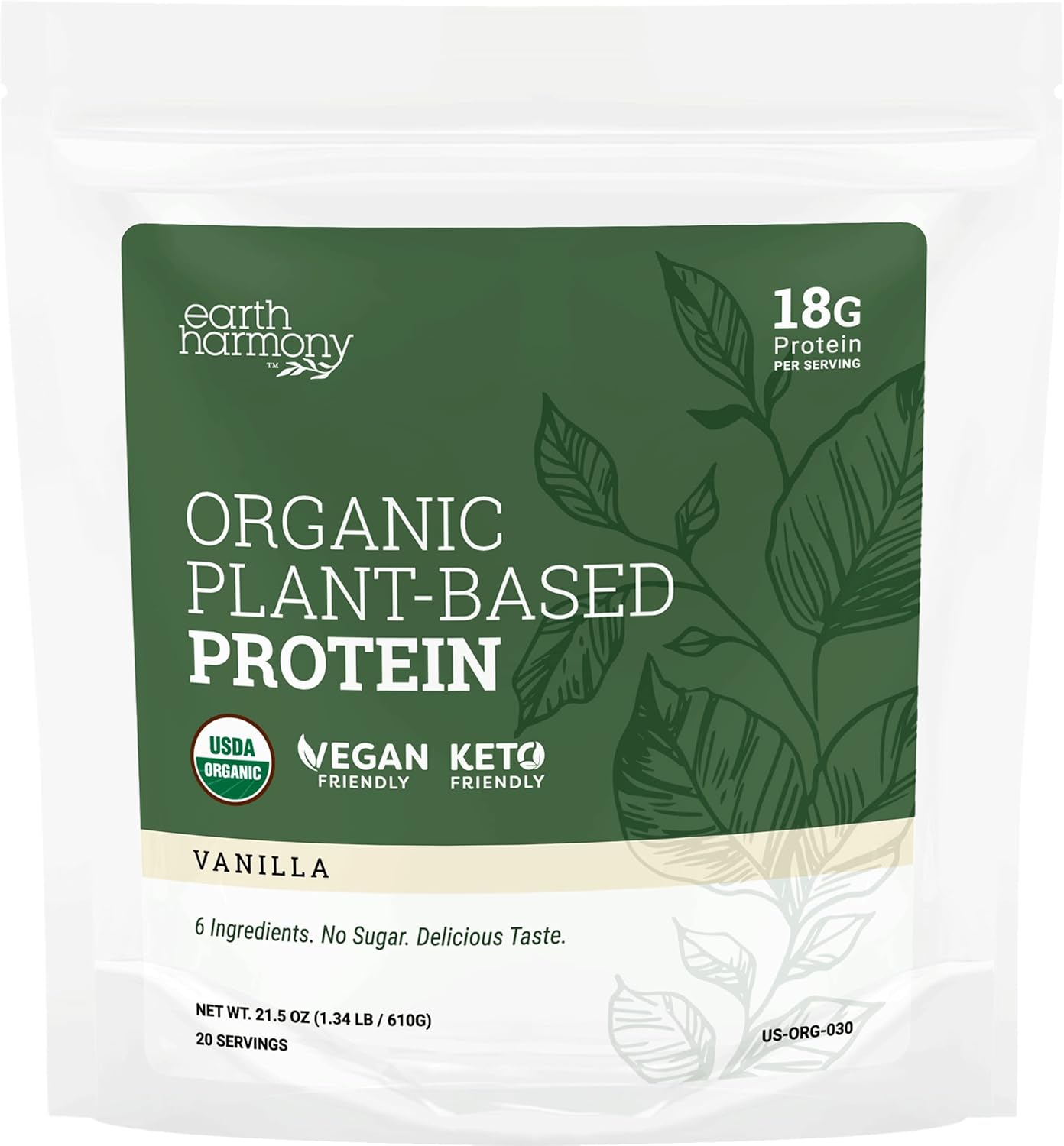 Organic Vanilla Plant Protein Powder for Men and Women - Vegan, Gluten-Free, Plant-Based Protein Shakes - 18g - 21.5 Oz