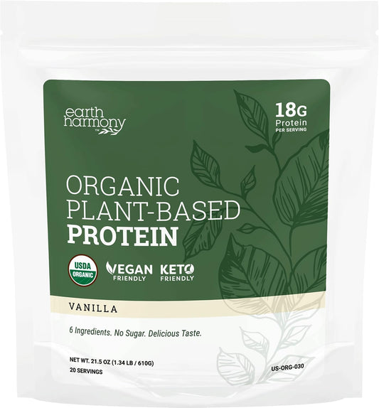 Organic Vanilla Plant Protein Powder for Men and Women - Vegan, Gluten-Free, Plant-Based Protein Shakes - 18g - 21.5 Oz
