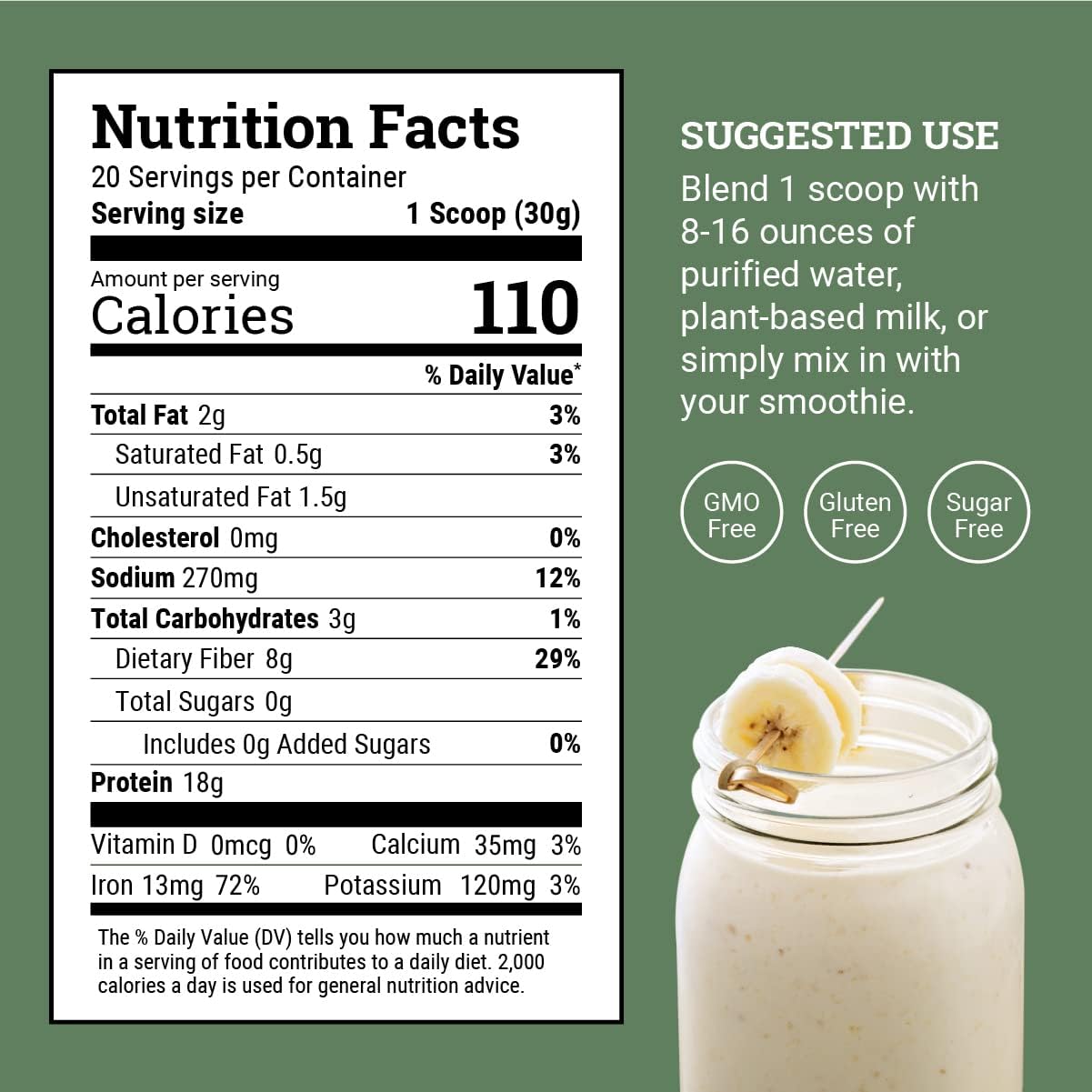 Organic Vanilla Plant Protein Powder for Men and Women - Vegan, Gluten-Free, Plant-Based Protein Shakes - 18g - 21.5 Oz