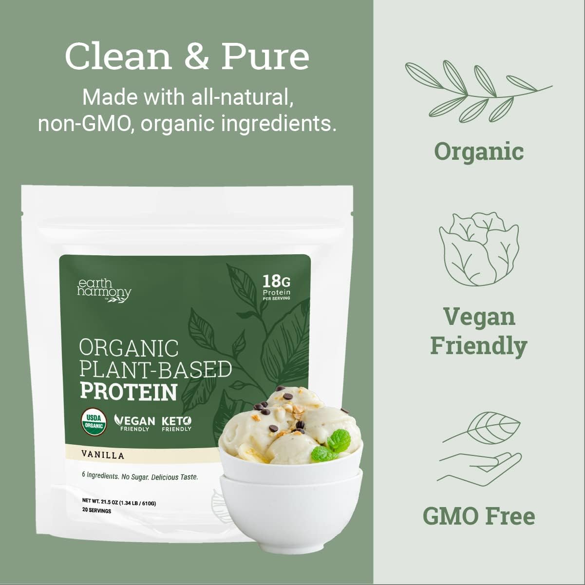 Organic Vanilla Plant Protein Powder for Men and Women - Vegan, Gluten-Free, Plant-Based Protein Shakes - 18g - 21.5 Oz