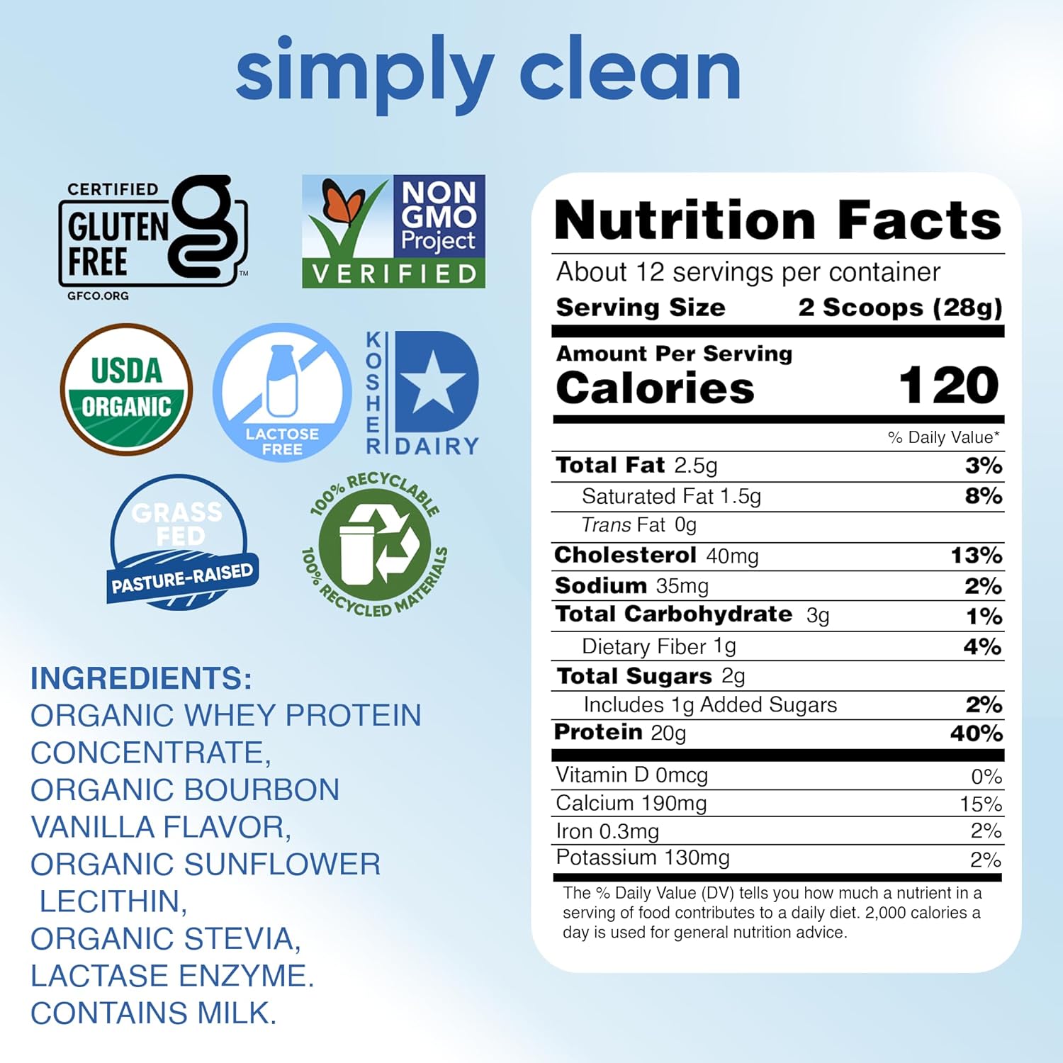 Organic Vanilla Whey Protein Powder - Lactose-Free, Non-GMO, Gluten-Free, Kosher - 20g Protein Per Serving - 12 Oz