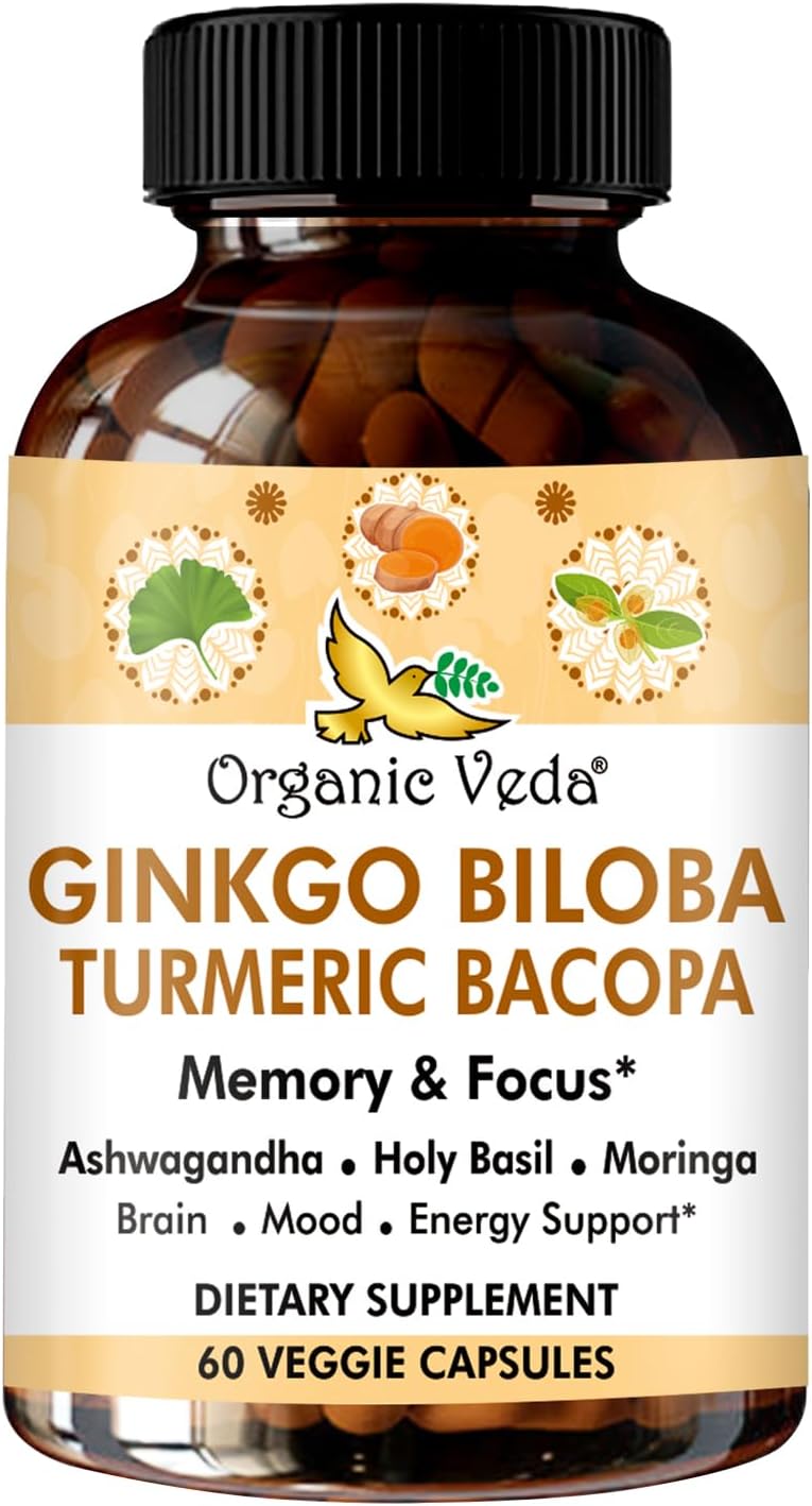 Organic Veda Ginkgo Biloba Turmeric Bacopa Brain Supplement for Memory and Focus - Ashwagandha for Energy Boost - Vegan Capsules for Joints and Circulation Support
