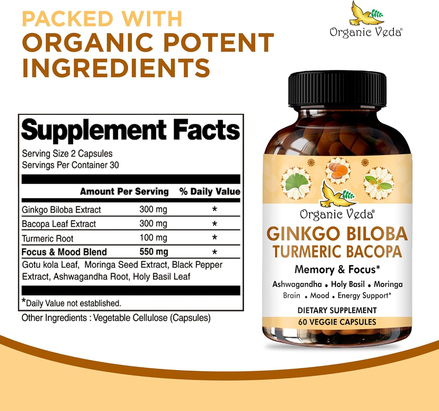 Organic Veda Ginkgo Biloba Turmeric Bacopa Brain Supplement for Memory and Focus - Ashwagandha for Energy Boost - Vegan Capsules for Joints and Circulation Support