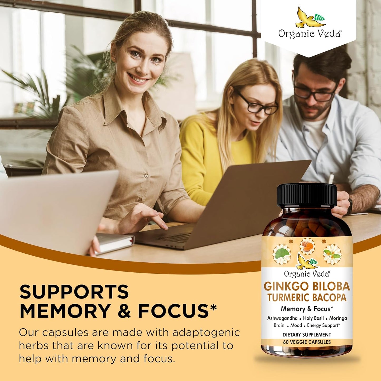 Organic Veda Ginkgo Biloba Turmeric Bacopa Brain Supplement for Memory and Focus - Ashwagandha for Energy Boost - Vegan Capsules for Joints and Circulation Support