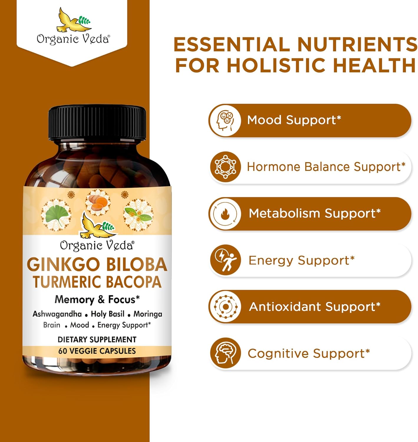 Organic Veda Ginkgo Biloba Turmeric Bacopa Brain Supplement for Memory and Focus - Ashwagandha for Energy Boost - Vegan Capsules for Joints and Circulation Support