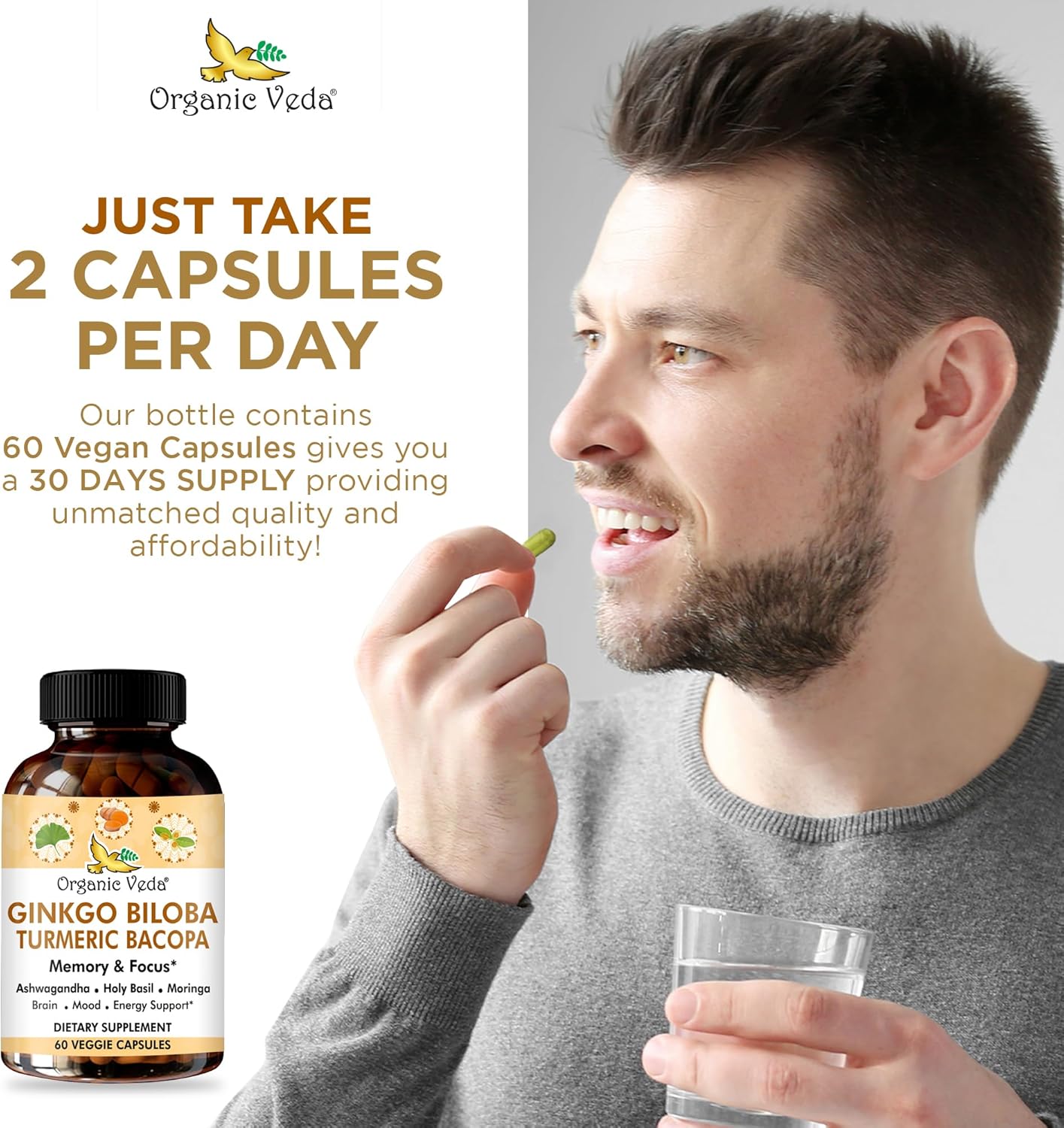 Organic Veda Ginkgo Biloba Turmeric Bacopa Brain Supplement for Memory and Focus - Ashwagandha for Energy Boost - Vegan Capsules for Joints and Circulation Support