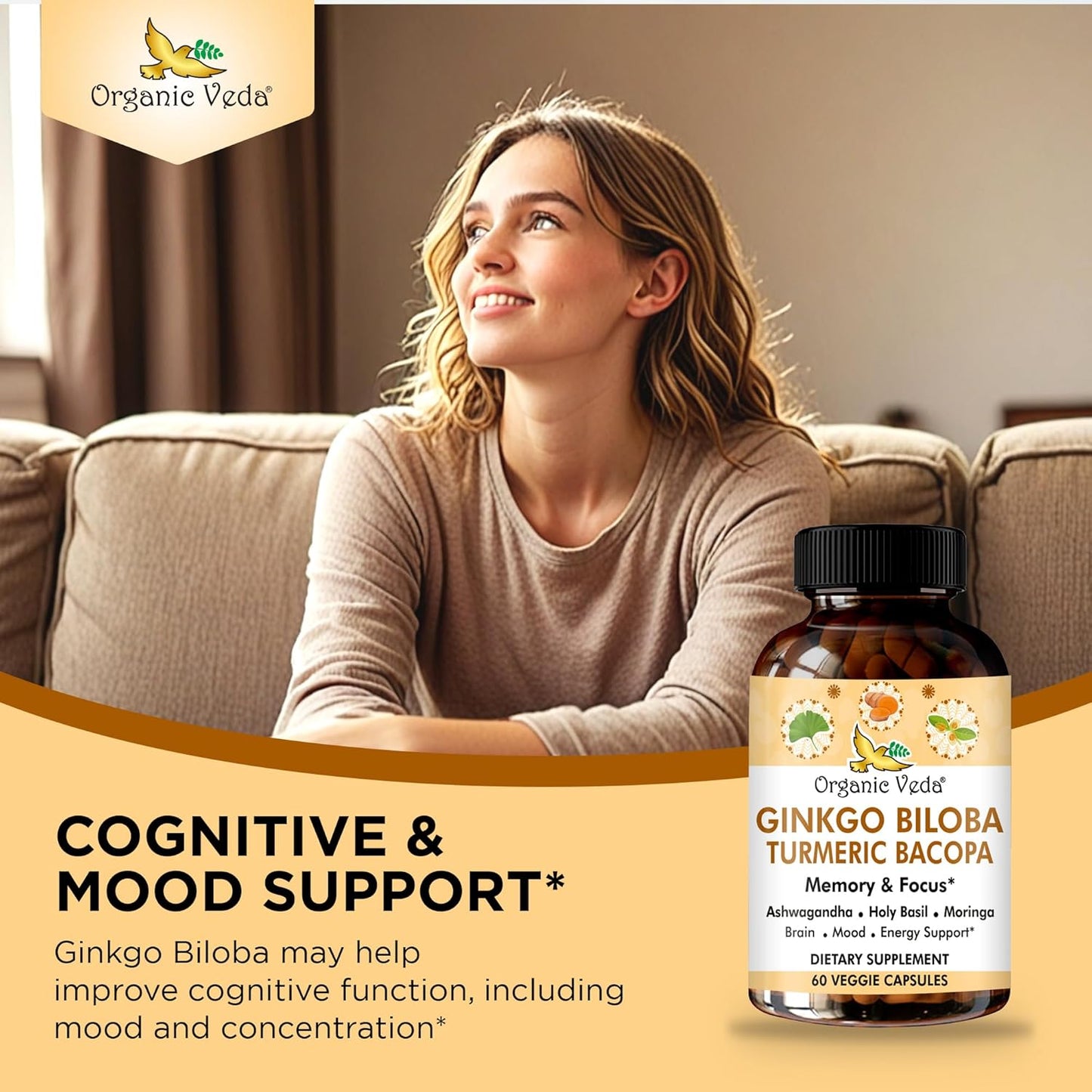 Organic Veda Ginkgo Biloba Turmeric Bacopa Brain Supplement for Memory and Focus - Ashwagandha for Energy Boost - Vegan Capsules for Joints and Circulation Support