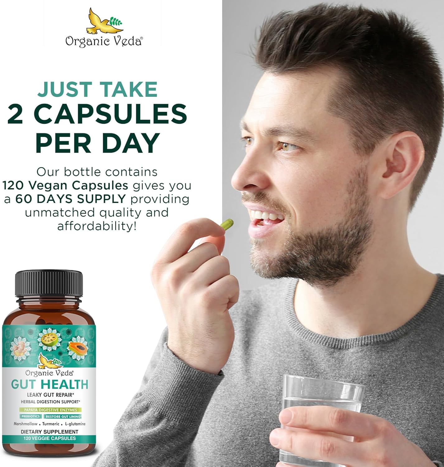 Organic Veda Marshmallow Turmeric Gut Supplement for Digestion Health - Repair, Cleanse & Support - 120 Capsules with Enzymes, Prebiotics, L-Glutamine, Green Banana, Psyllium Husk