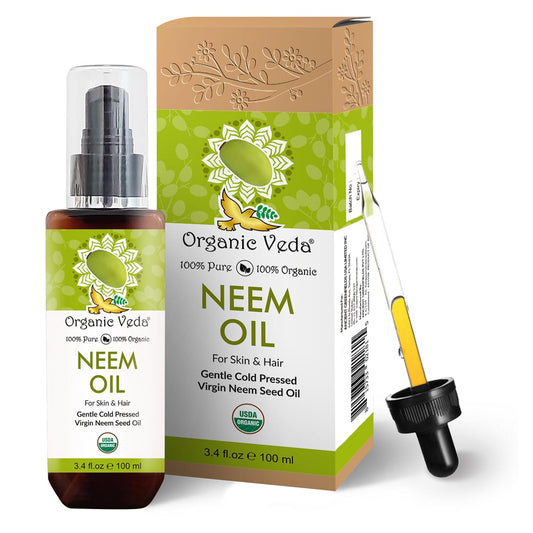 Organic Veda Neem Oil - Cold Pressed Natural Moisturizer for Skin, Hair, Face, Body - 3.4 fl oz