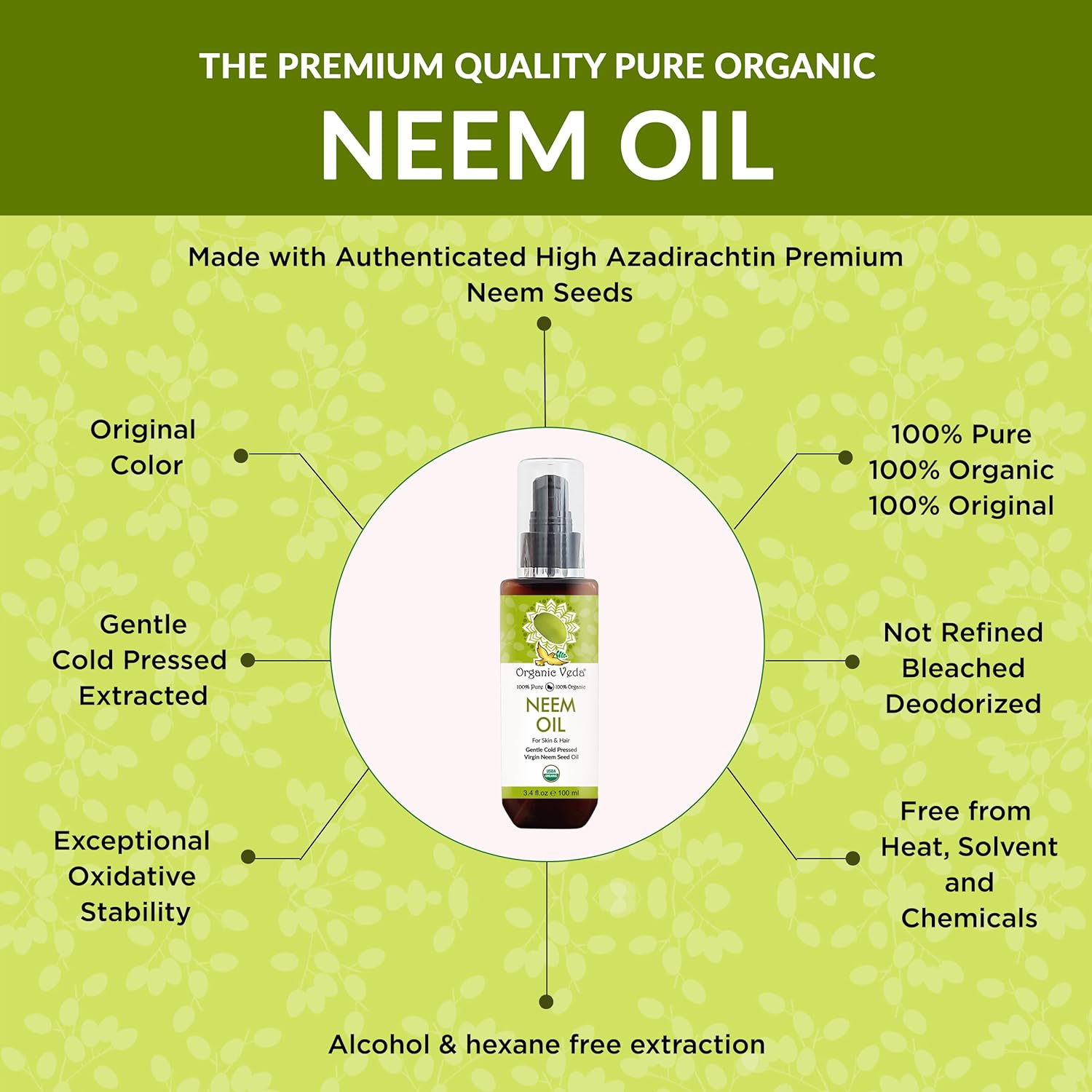 Organic Veda Neem Oil - Cold Pressed Natural Moisturizer for Skin, Hair, Face, Body - 3.4 fl oz