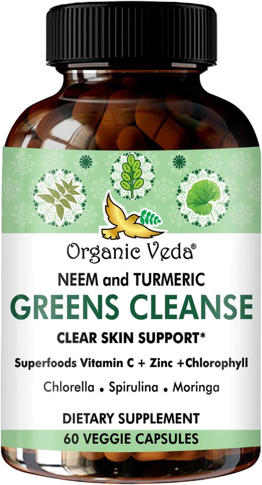 Organic Veda Neem & Turmeric Green Cleanse Supplement - Liver Health Support - Skin Glow - 60 Capsules