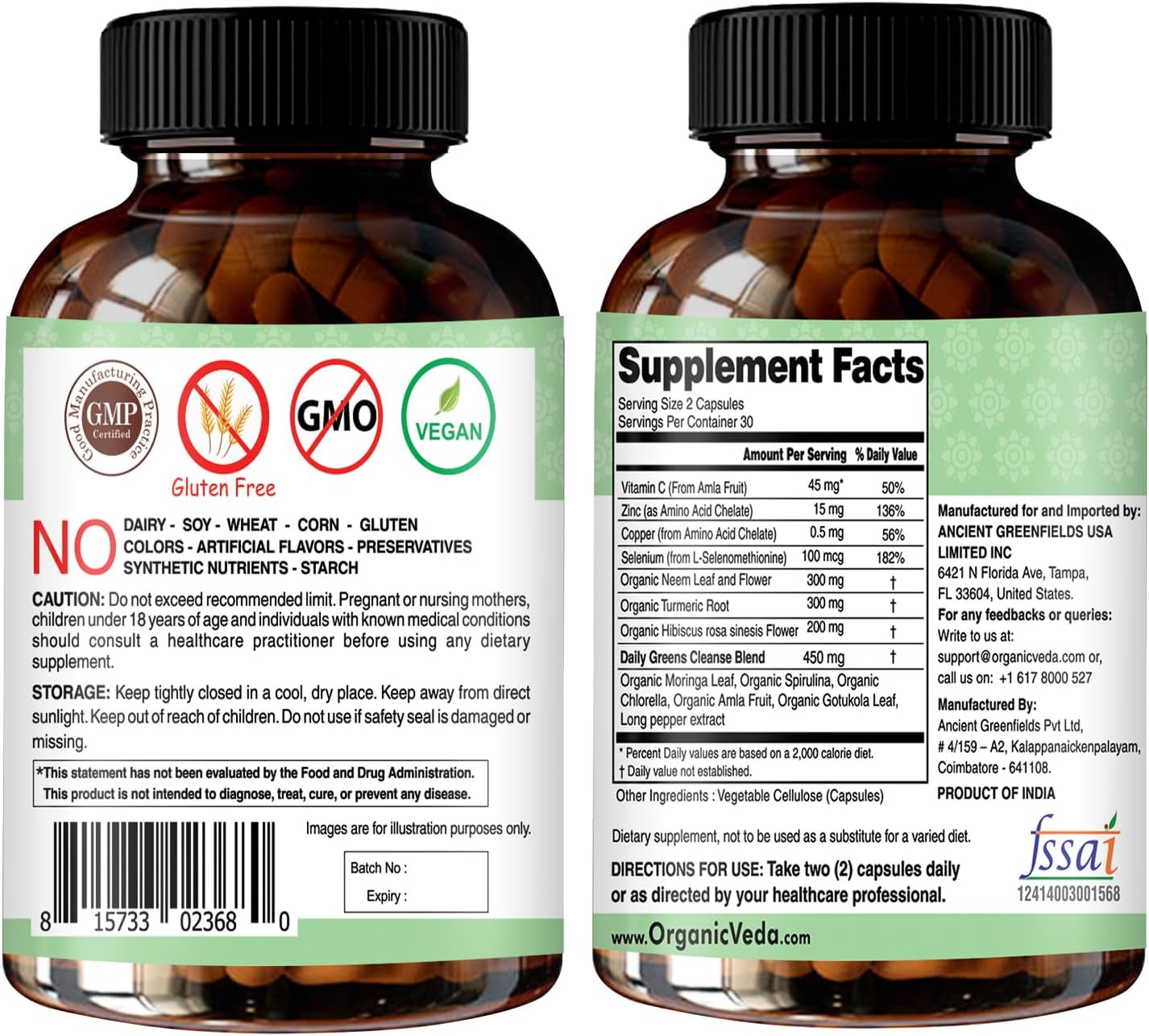 Organic Veda Neem & Turmeric Green Cleanse Supplement - Liver Health Support - Skin Glow - 60 Capsules