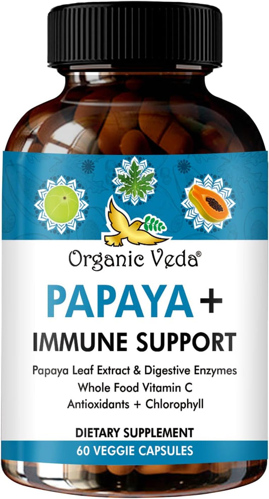 Organic Veda Papaya Leaf Plus Supplement with Digestive Enzymes & Vitamin C - Boost Blood Platelets & Immune System - 60 Capsules