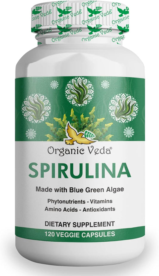 Organic Veda Spirulina Capsules - Blue Green Algae Superfood for Immune Support - 120 Veggie Capsules