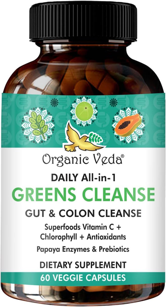 Organic Veda Super Greens Total Gut Health & Digestion Supplement - Colon Cleanse with Superfoods, Turmeric, Papaya, Chlorophyll, Moringa - 60 Capsules