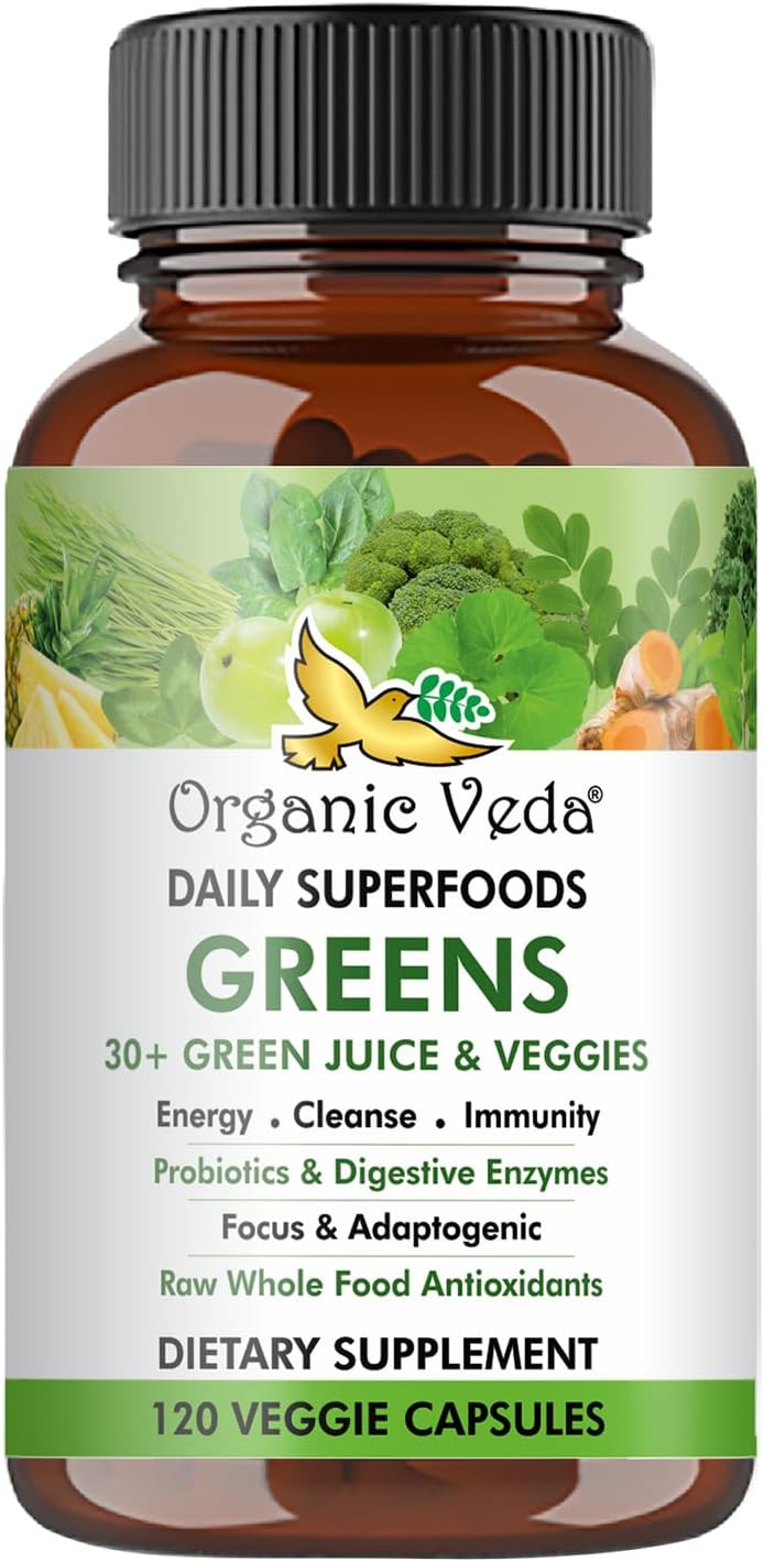 Organic Veda Superfoods Greens Capsules - Super Green Juice and Veggies Supplement with Moringa, Matcha, Spirulina, Chlorella, Turmeric - Antioxidants, Probiotics & Digestive Enzymes - 120 ct