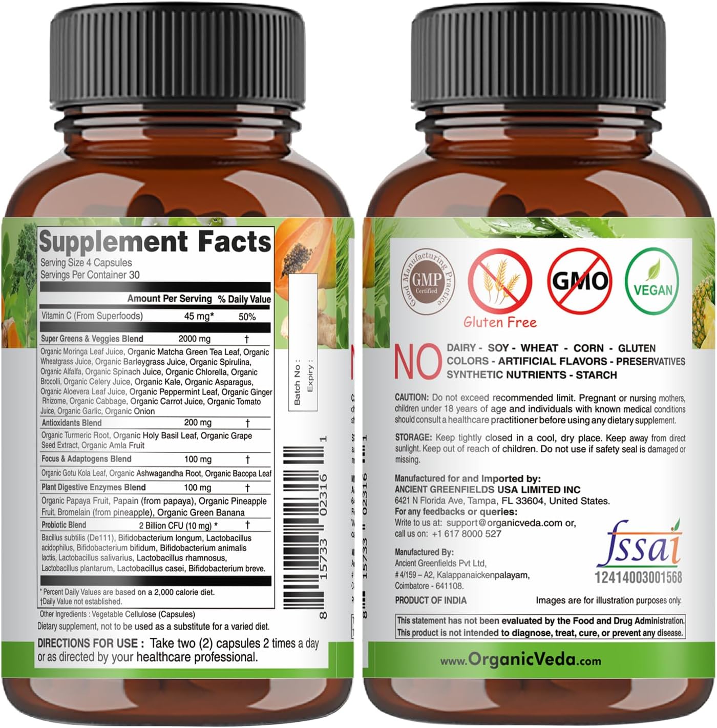 Organic Veda Superfoods Greens Capsules - Super Green Juice and Veggies Supplement with Moringa, Matcha, Spirulina, Chlorella, Turmeric - Antioxidants, Probiotics & Digestive Enzymes - 120 ct