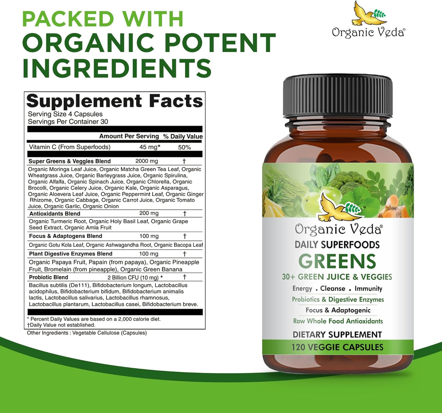 Organic Veda Superfoods Greens Capsules - Super Green Juice and Veggies Supplement with Moringa, Matcha, Spirulina, Chlorella, Turmeric - Antioxidants, Probiotics & Digestive Enzymes - 120 ct
