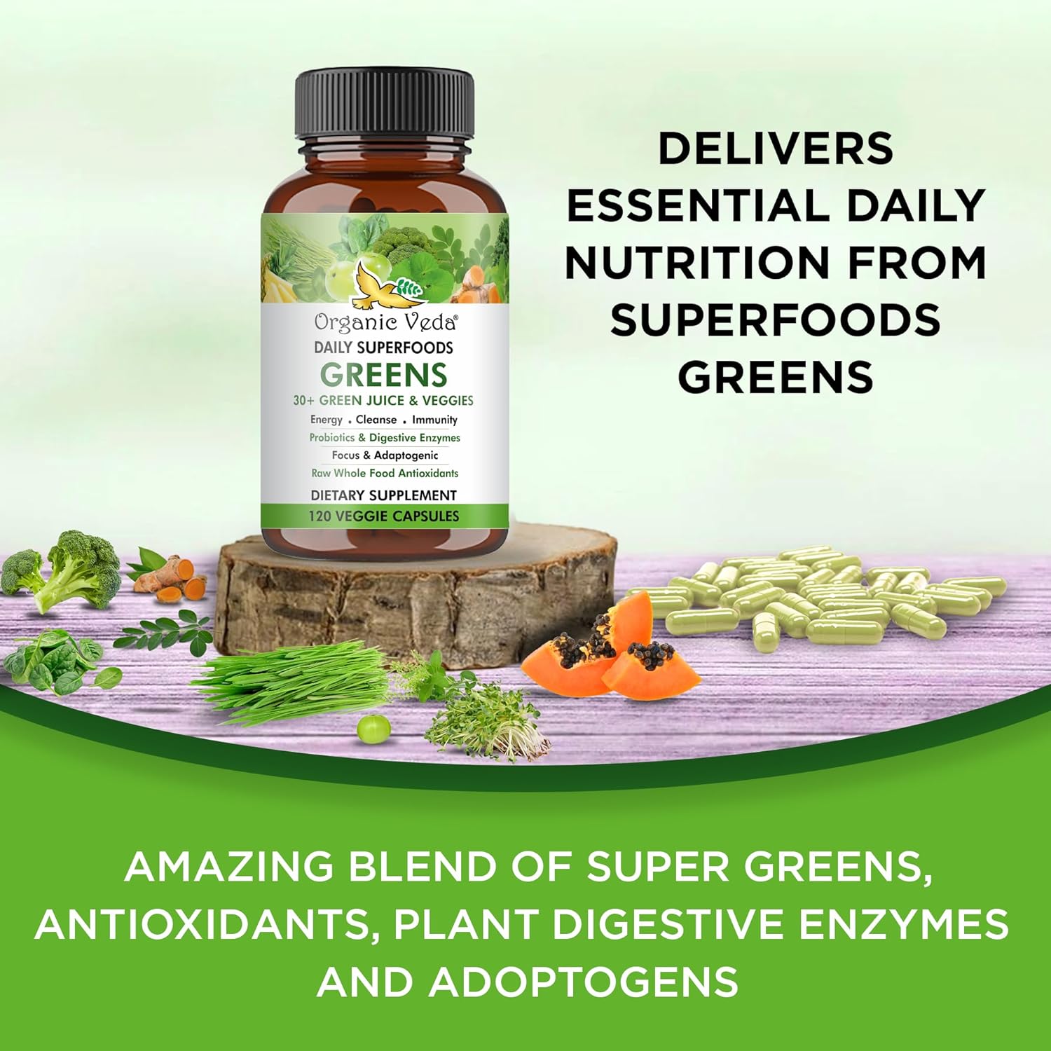 Organic Veda Superfoods Greens Capsules - Super Green Juice and Veggies Supplement with Moringa, Matcha, Spirulina, Chlorella, Turmeric - Antioxidants, Probiotics & Digestive Enzymes - 120 ct