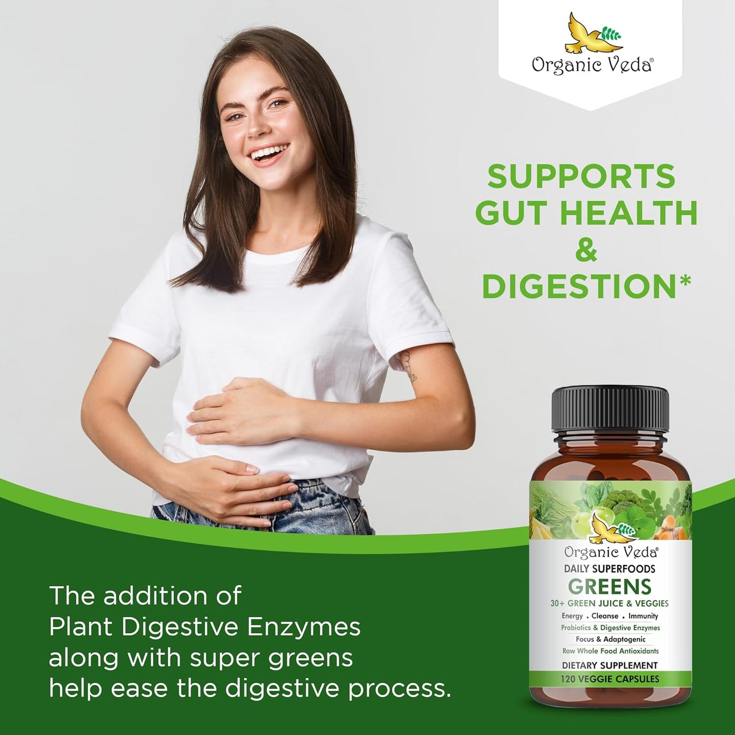 Organic Veda Superfoods Greens Capsules - Super Green Juice and Veggies Supplement with Moringa, Matcha, Spirulina, Chlorella, Turmeric - Antioxidants, Probiotics & Digestive Enzymes - 120 ct