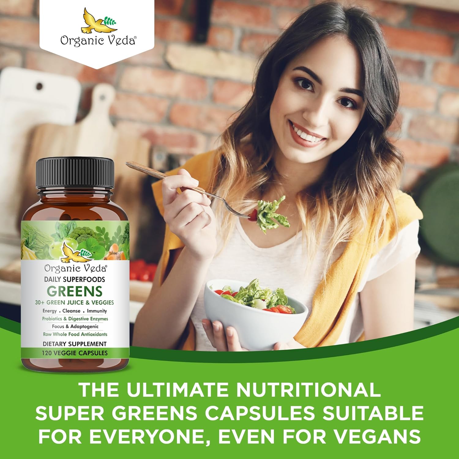 Organic Veda Superfoods Greens Capsules - Super Green Juice and Veggies Supplement with Moringa, Matcha, Spirulina, Chlorella, Turmeric - Antioxidants, Probiotics & Digestive Enzymes - 120 ct