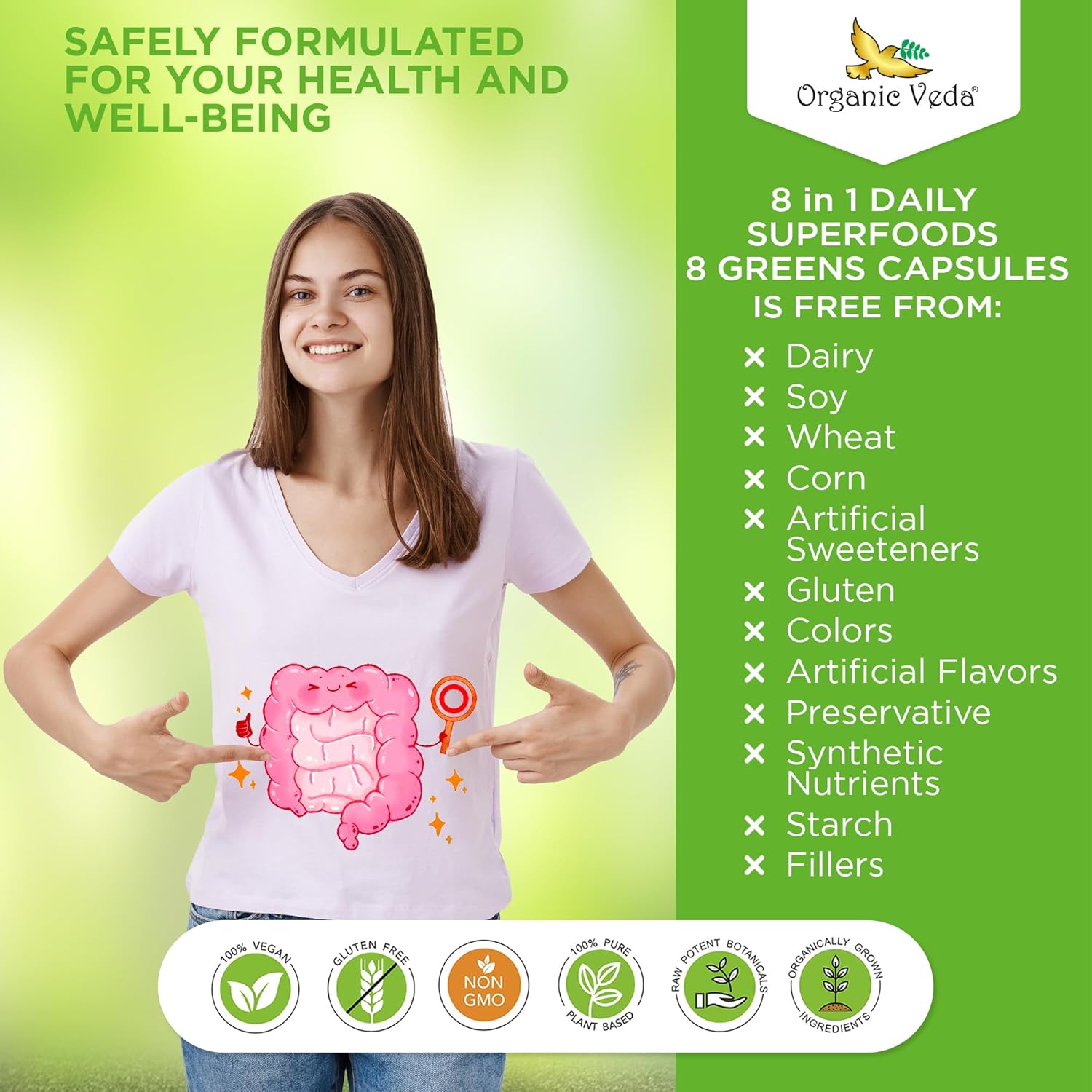 Organic Veda Superfoods Greens Capsules - Super Green Juice and Veggies Supplement with Moringa, Matcha, Spirulina, Chlorella, Turmeric - Antioxidants, Probiotics & Digestive Enzymes - 120 ct