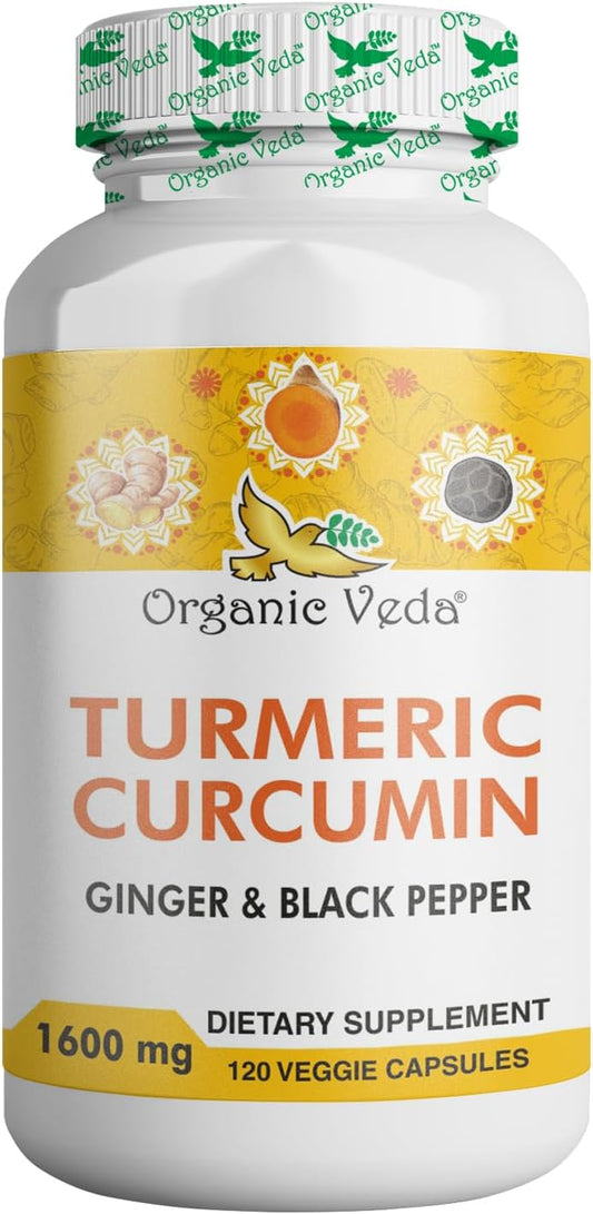 Organic Veda Turmeric and Ginger Capsules - 120 Pills, Joint Support Supplement with Black Pepper - Non GMO, Gluten Free, High Curcuminoids