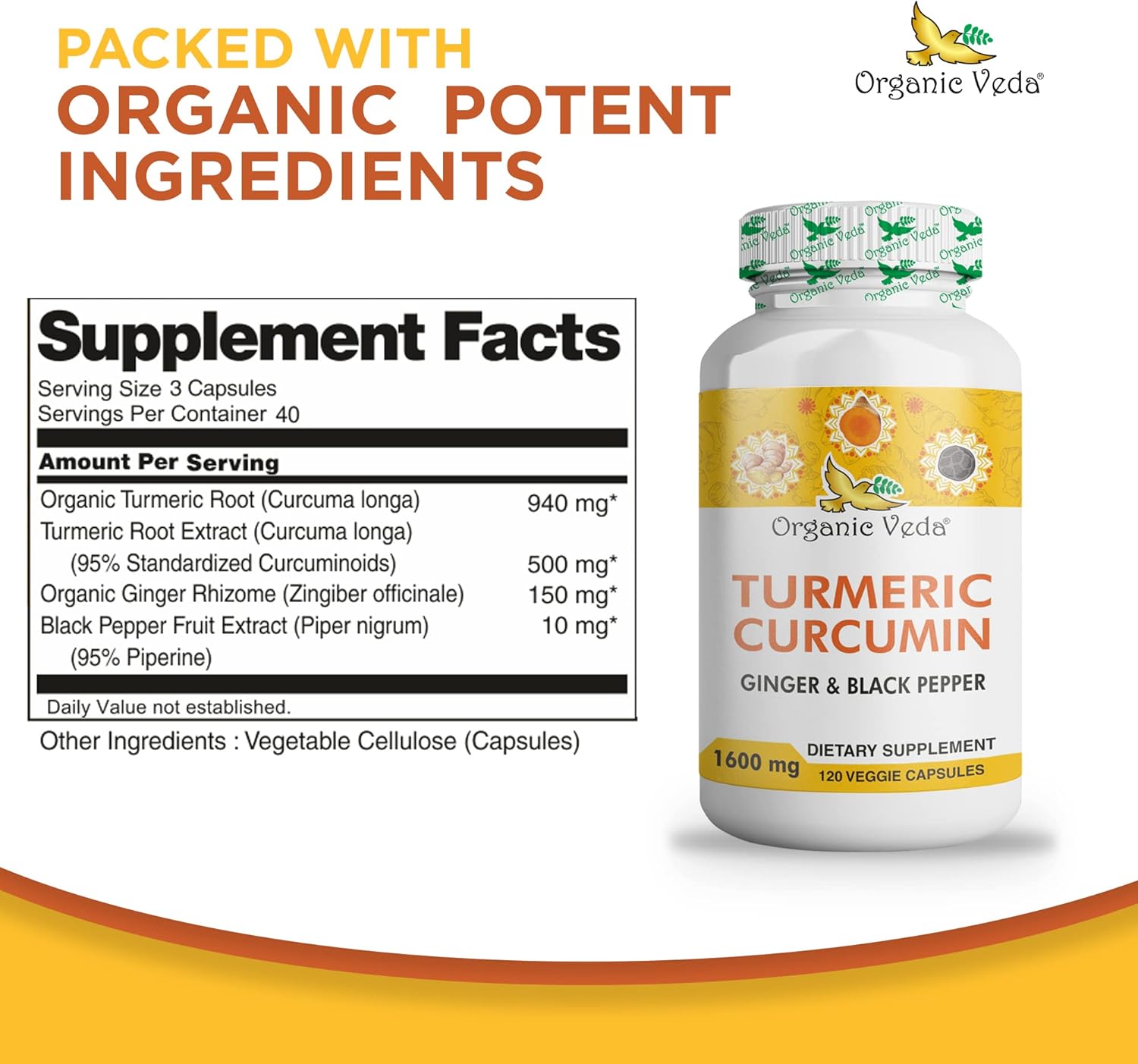 Organic Veda Turmeric and Ginger Capsules - 120 Pills, Joint Support Supplement with Black Pepper - Non GMO, Gluten Free, High Curcuminoids