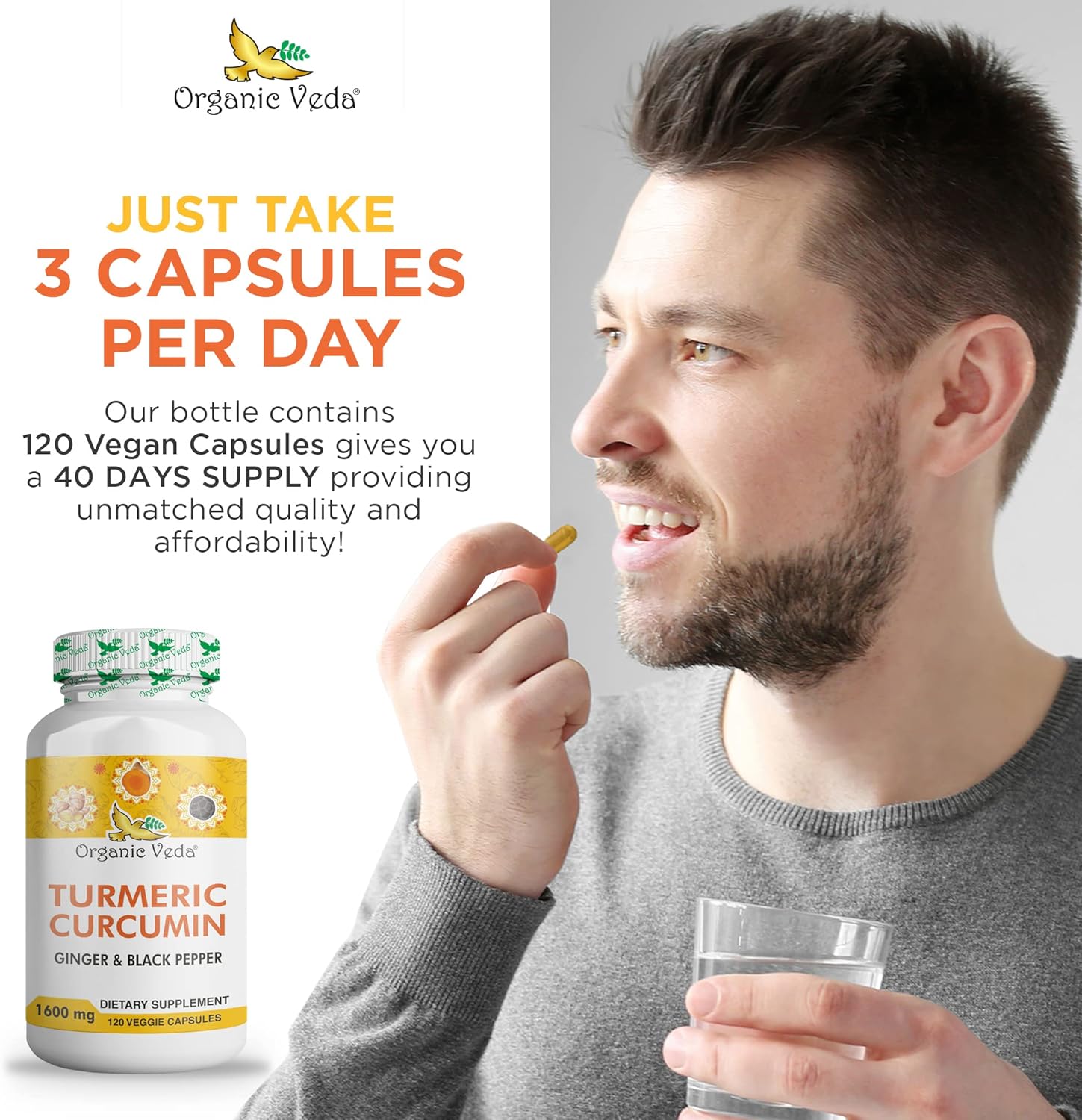 Organic Veda Turmeric and Ginger Capsules - 120 Pills, Joint Support Supplement with Black Pepper - Non GMO, Gluten Free, High Curcuminoids