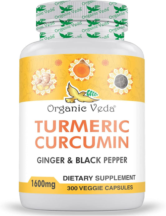 Organic Veda Turmeric and Ginger Capsules - 300 Pills of Turmeric Curcumin with Black Pepper - Joint Support Supplement - Non GMO, Gluten Free (95% Curcuminoids)