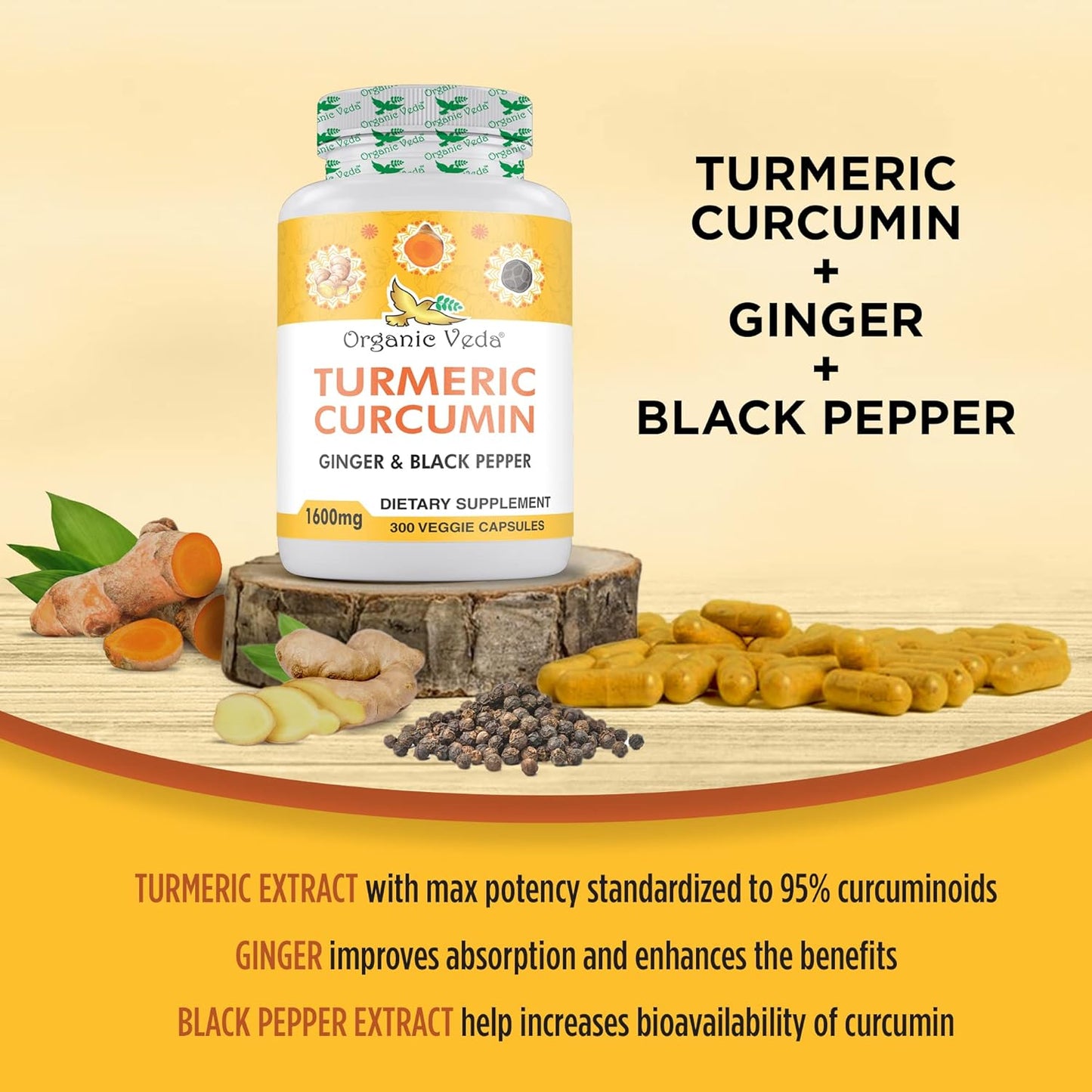 Organic Veda Turmeric and Ginger Capsules - 300 Pills of Turmeric Curcumin with Black Pepper - Joint Support Supplement - Non GMO, Gluten Free (95% Curcuminoids)