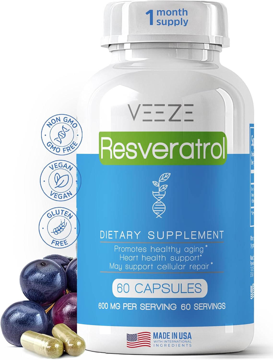 Organic VEEZE Resveratrol Supplement 600mg - USA Made, 60 Capsules - Antioxidant Rich with Trans Resveratrol for Well-Being Support
