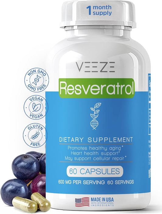 Organic VEEZE Resveratrol Supplement 600mg - USA Made, 60 Capsules - Antioxidant Rich with Trans Resveratrol for Well-Being Support
