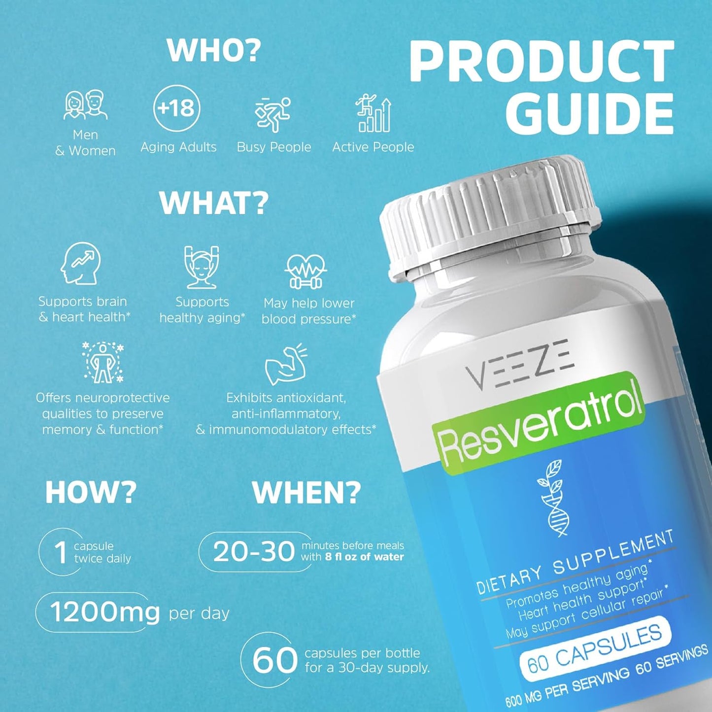 Organic VEEZE Resveratrol Supplement 600mg - USA Made, 60 Capsules - Antioxidant Rich with Trans Resveratrol for Well-Being Support