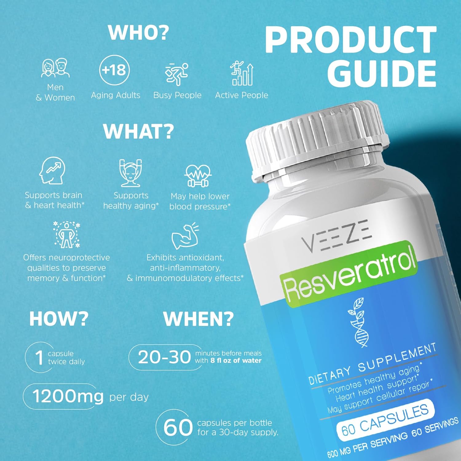 Organic VEEZE Resveratrol Supplement 600mg - USA Made, 60 Capsules - Antioxidant Rich with Trans Resveratrol for Well-Being Support